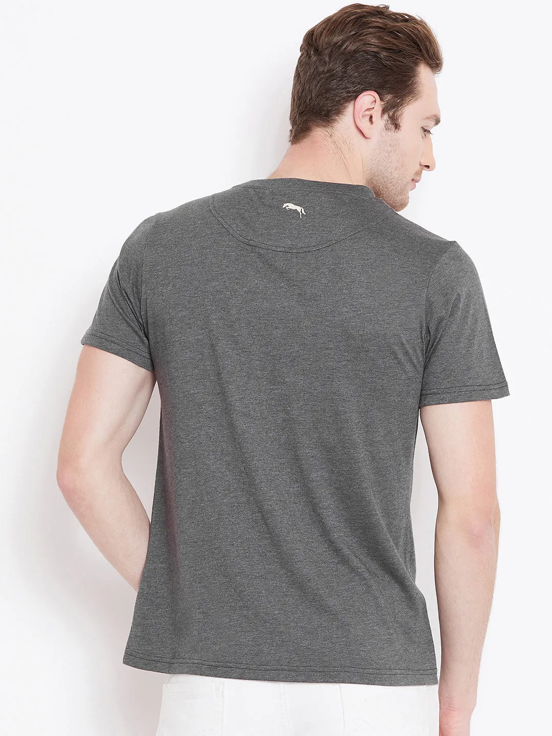 JUMP USA Men Grey Melange Printed Round Neck T-shirt
