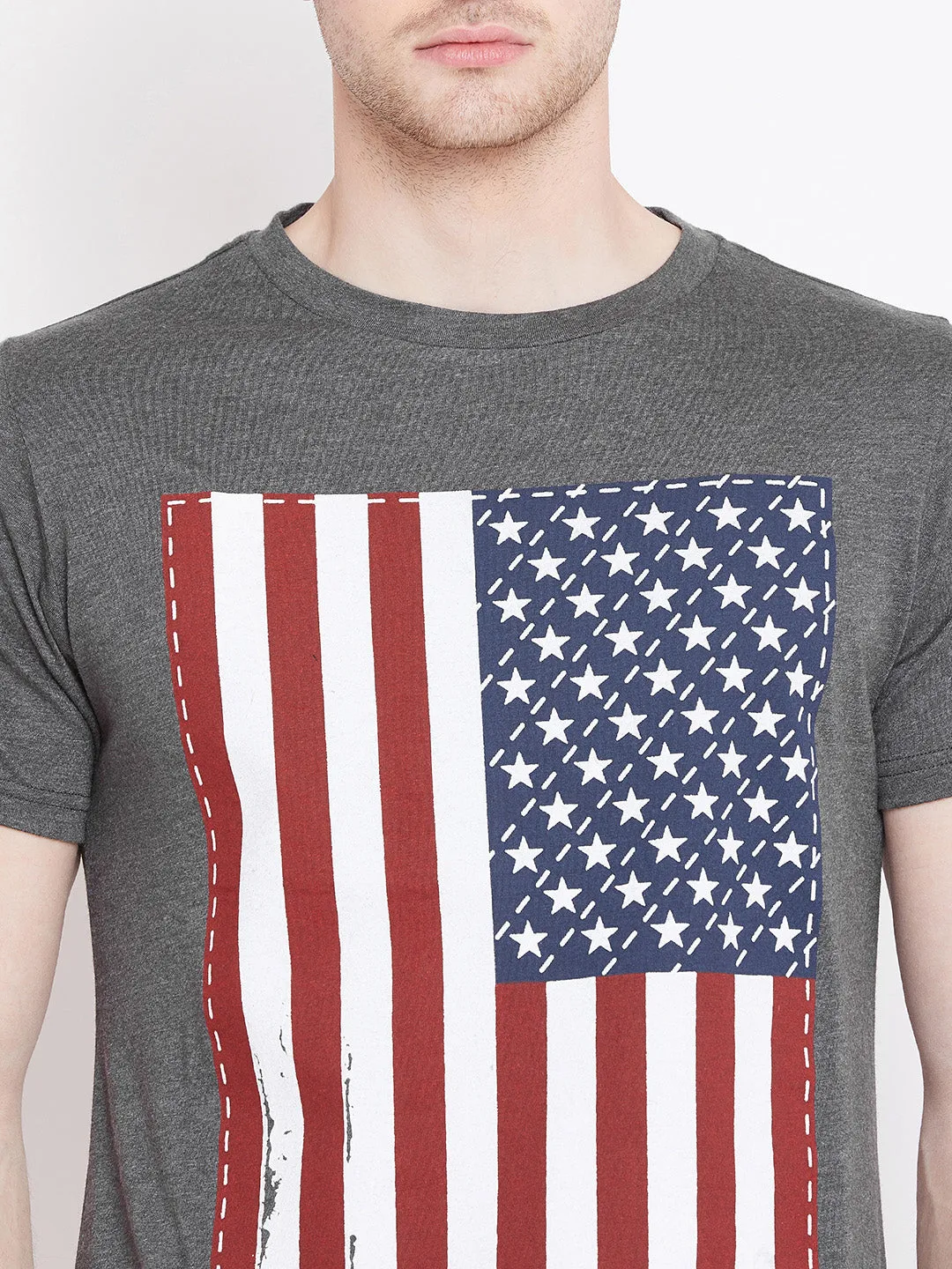 JUMP USA Men Grey Melange Printed Round Neck T-shirt