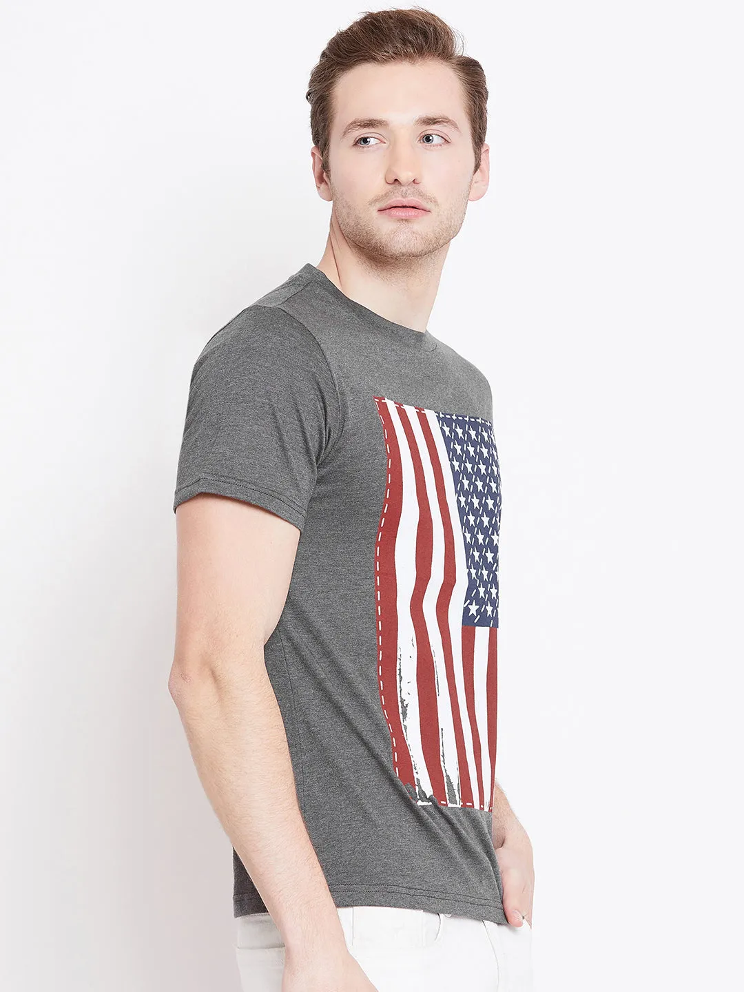 JUMP USA Men Grey Melange Printed Round Neck T-shirt