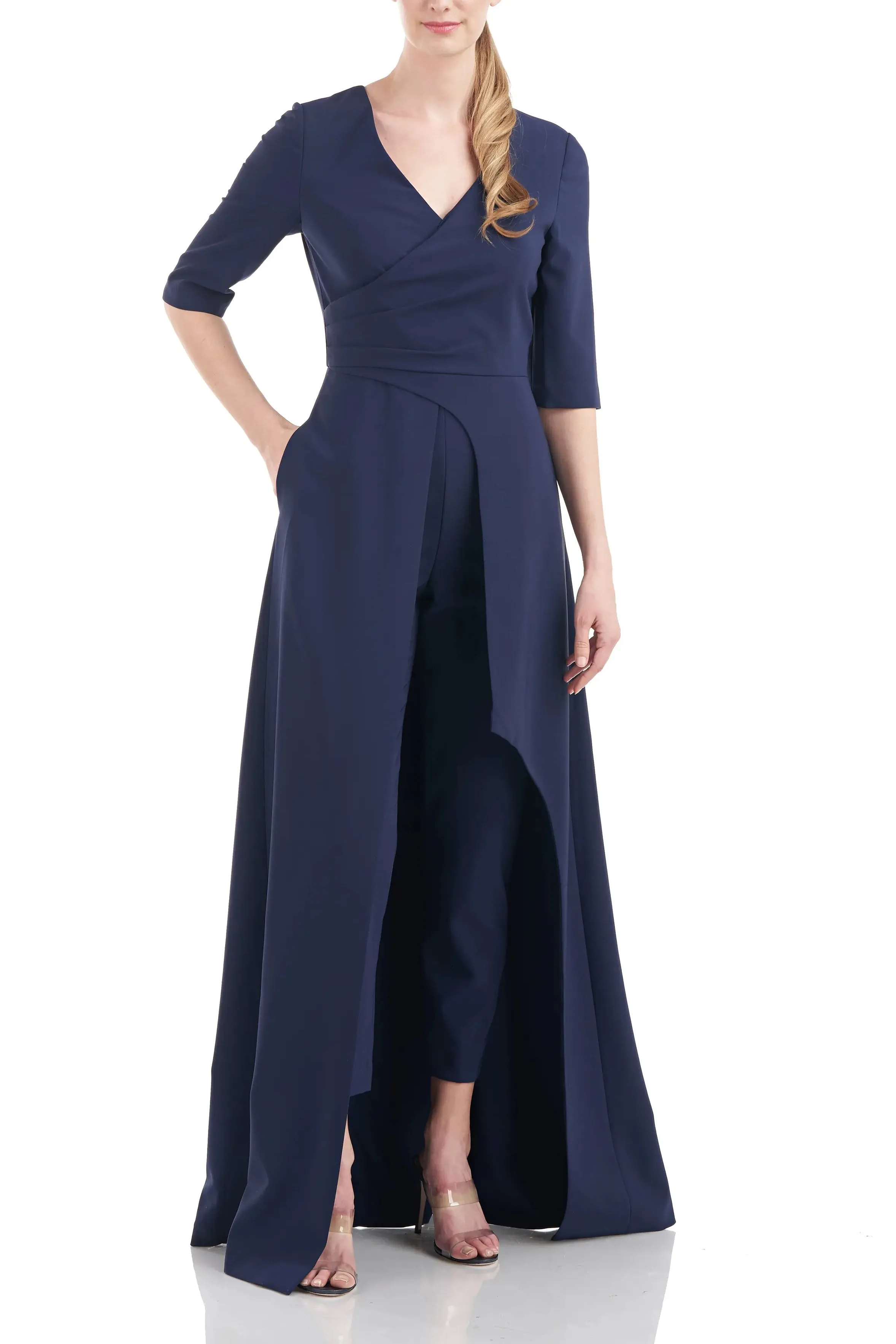 Kay Unger V-Neck 3/4 Sleeve Solid Zipper Back Full-length skirt with walk-through front cutout Crepe Jumpsuit