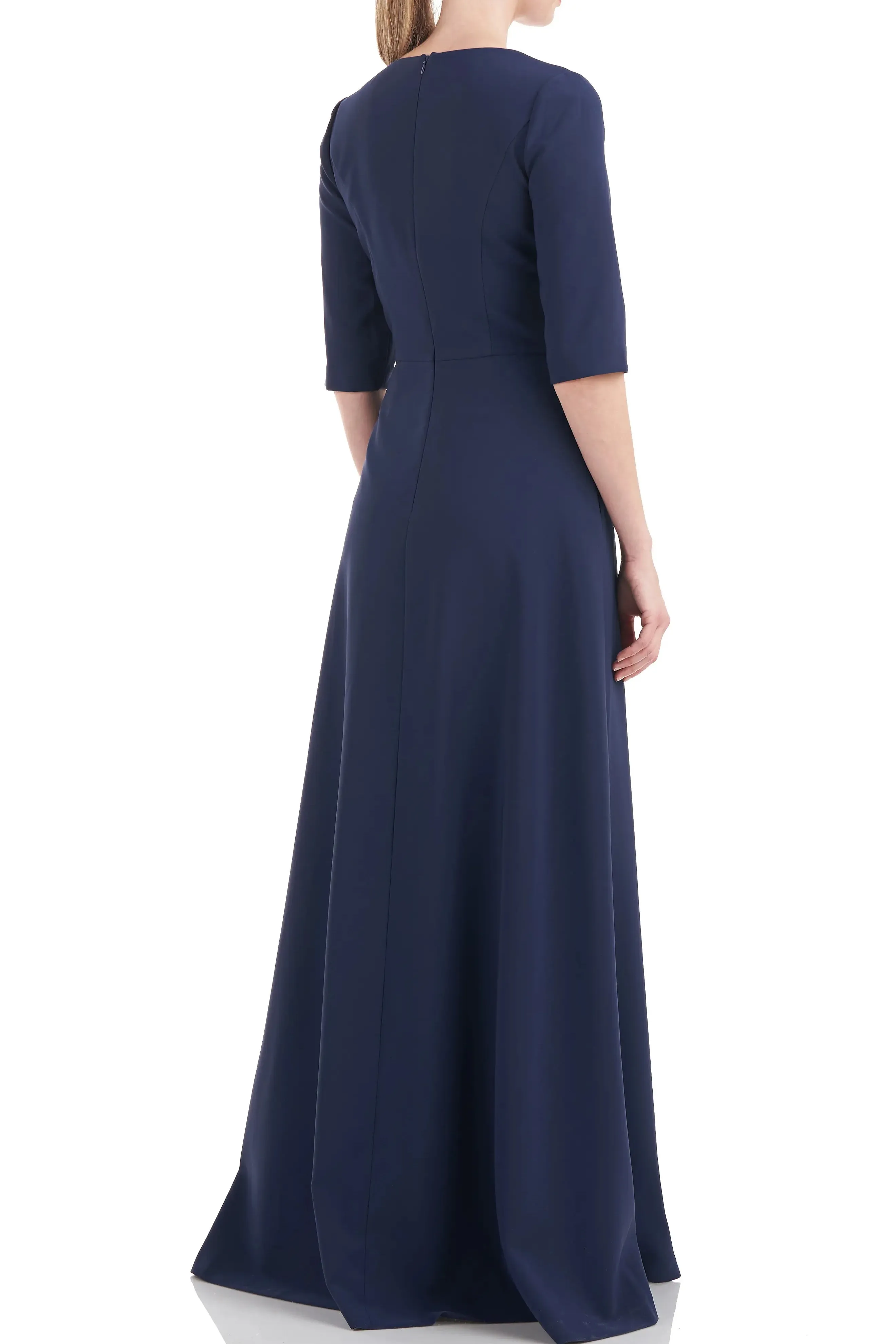Kay Unger V-Neck 3/4 Sleeve Solid Zipper Back Full-length skirt with walk-through front cutout Crepe Jumpsuit