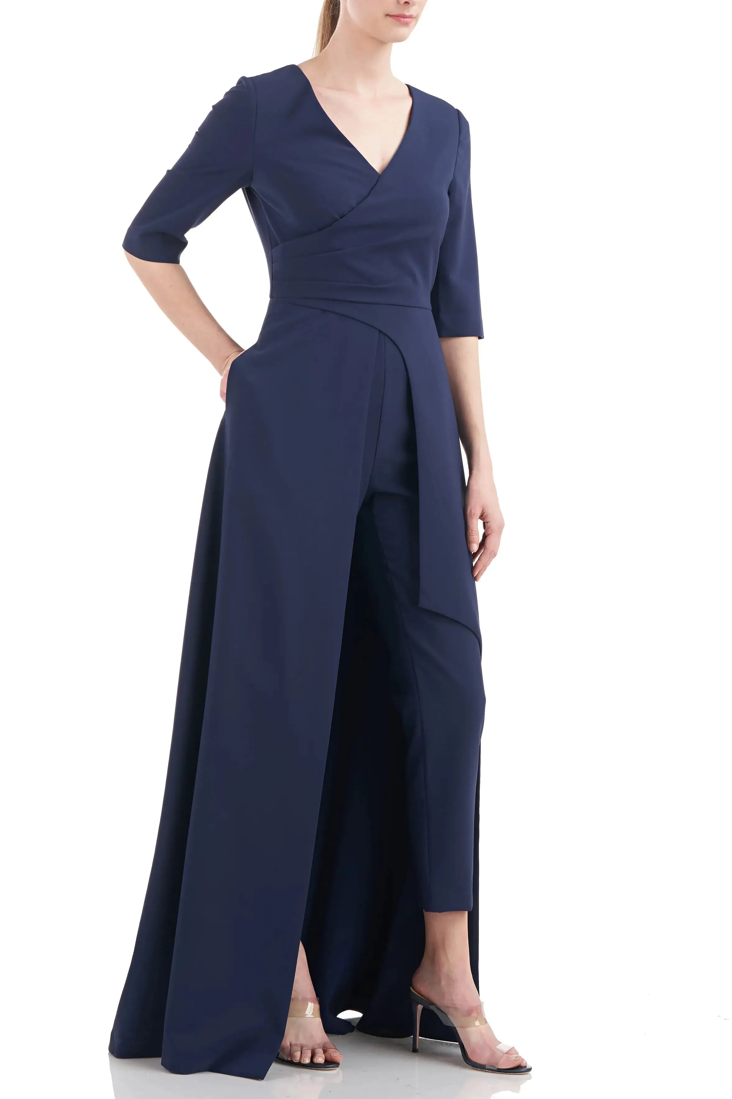 Kay Unger V-Neck 3/4 Sleeve Solid Zipper Back Full-length skirt with walk-through front cutout Crepe Jumpsuit