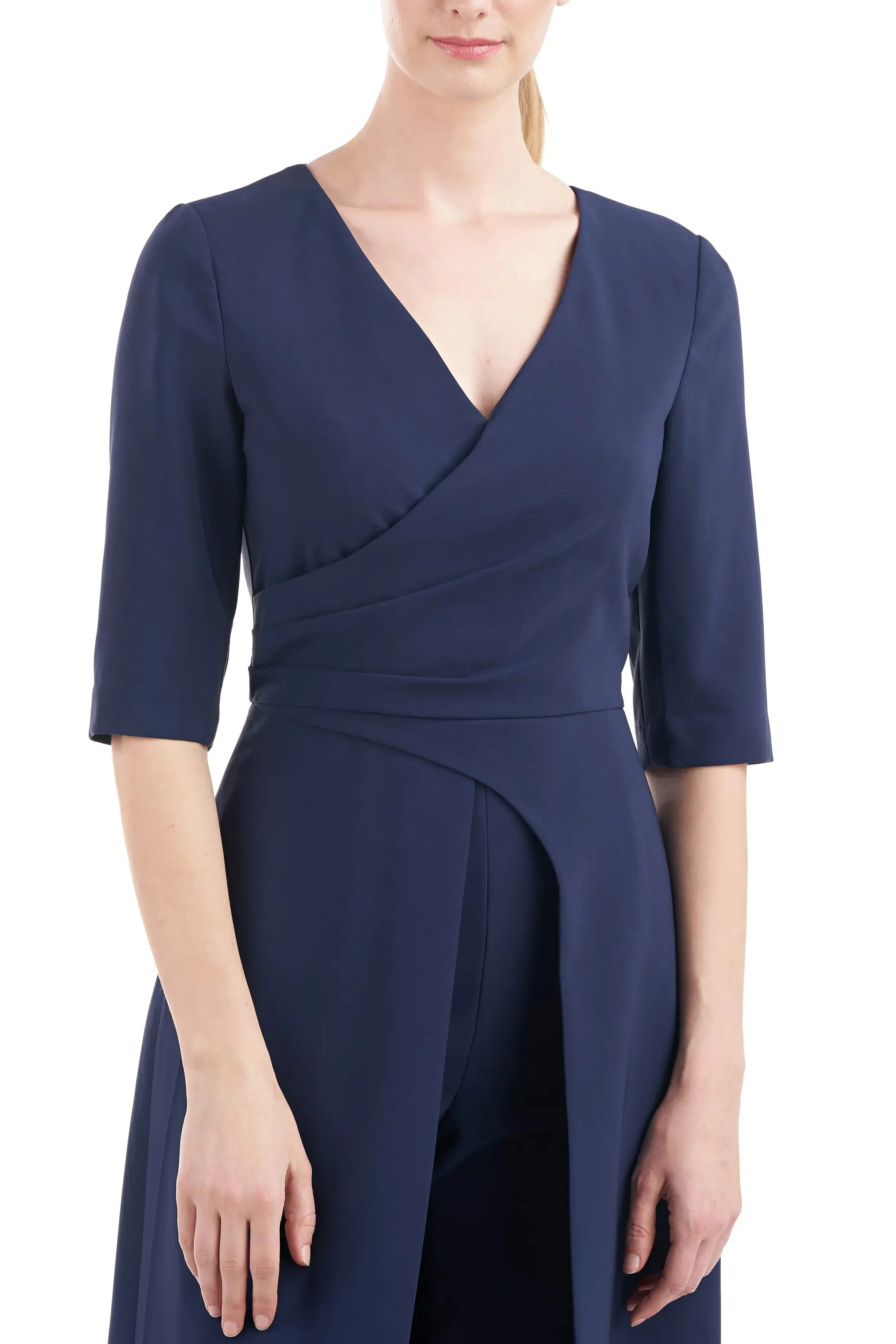 Kay Unger V-Neck 3/4 Sleeve Solid Zipper Back Full-length skirt with walk-through front cutout Crepe Jumpsuit