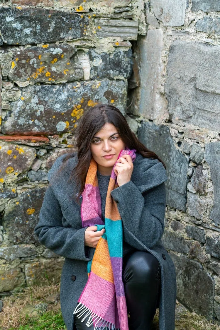 Lambswool Scarf- Ladies- Hyacinth and Orange Check