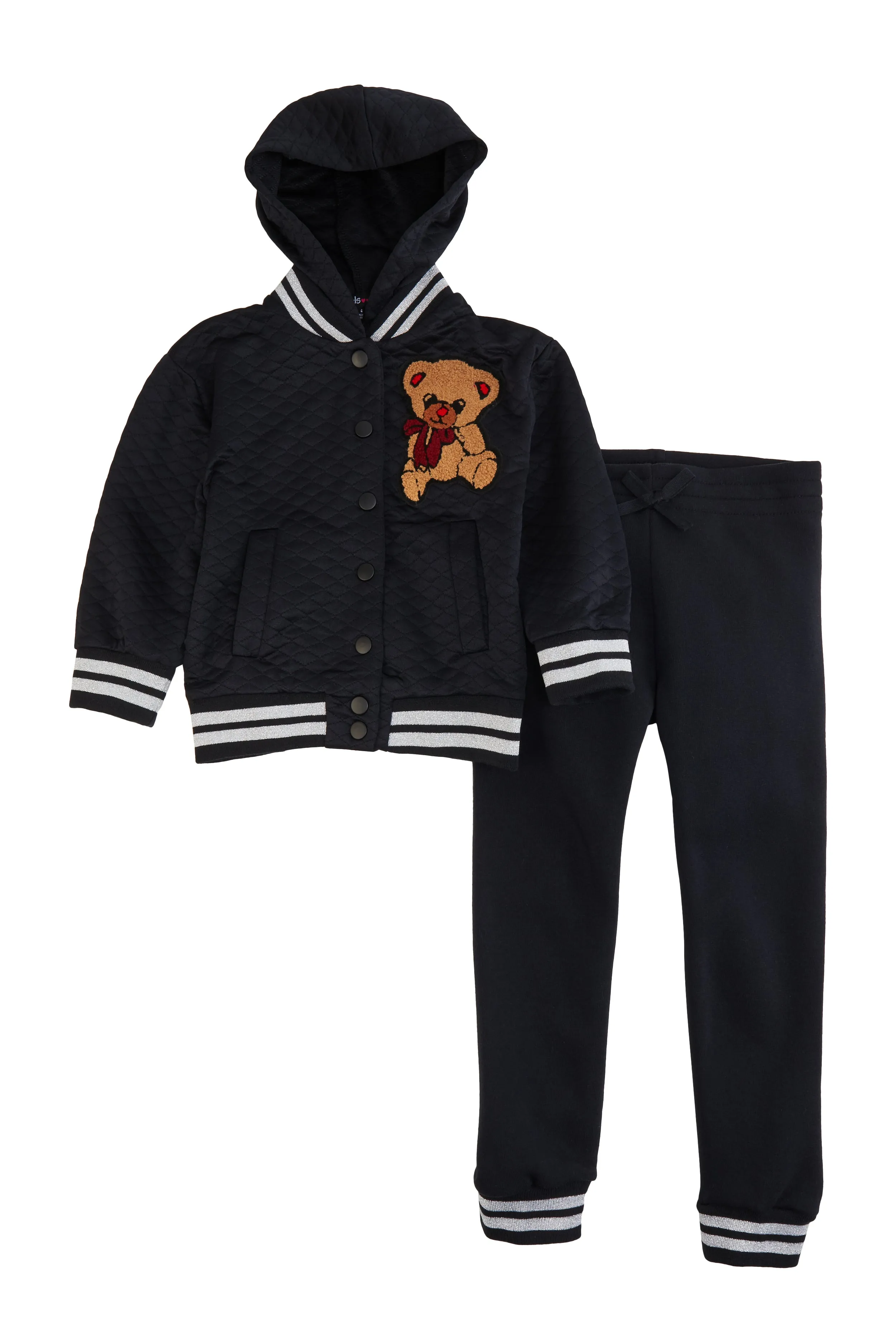 Little Girls Bear Chenille Patch Varsity Jacket and Joggers