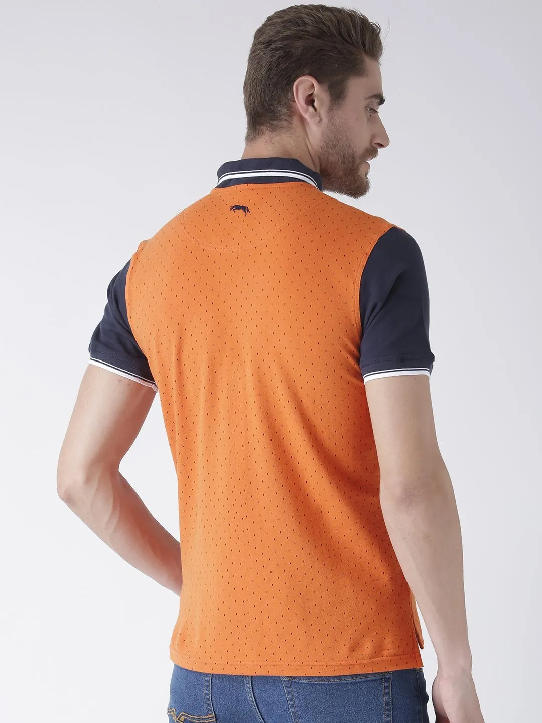 Men Orange & Electric Navy Cotton & Spandex T-Shirt