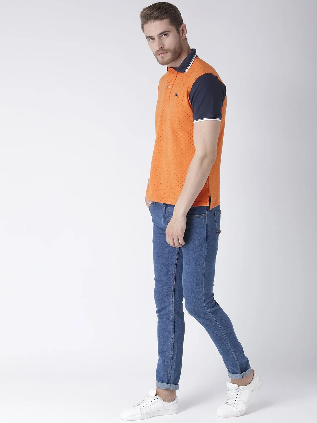 Men Orange & Electric Navy Cotton & Spandex T-Shirt