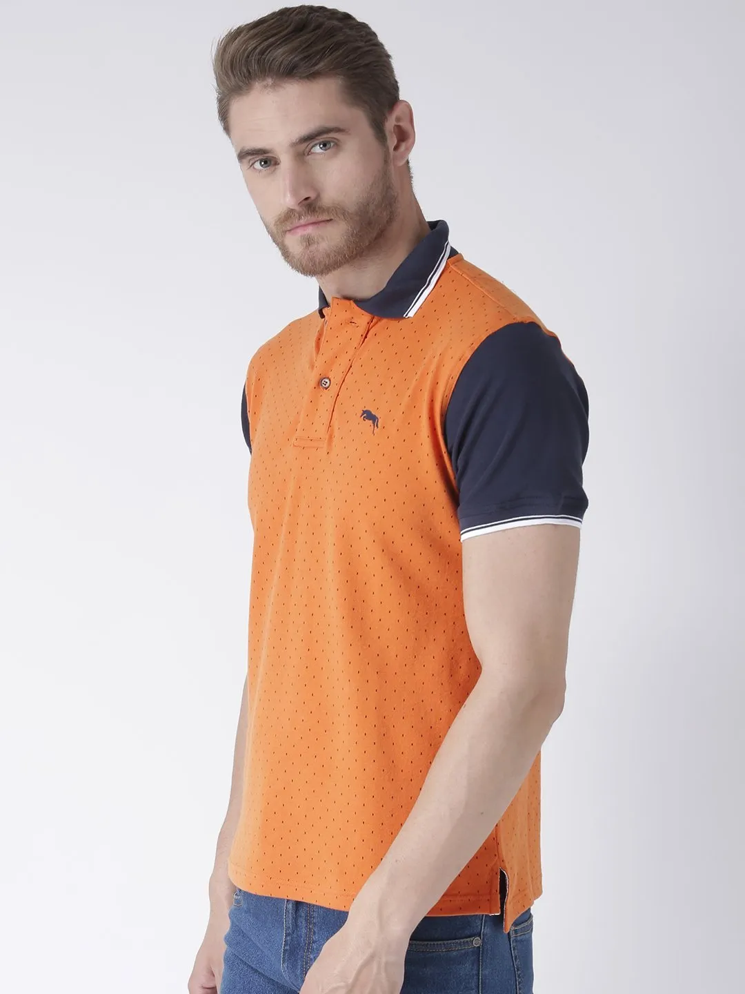 Men Orange & Electric Navy Cotton & Spandex T-Shirt