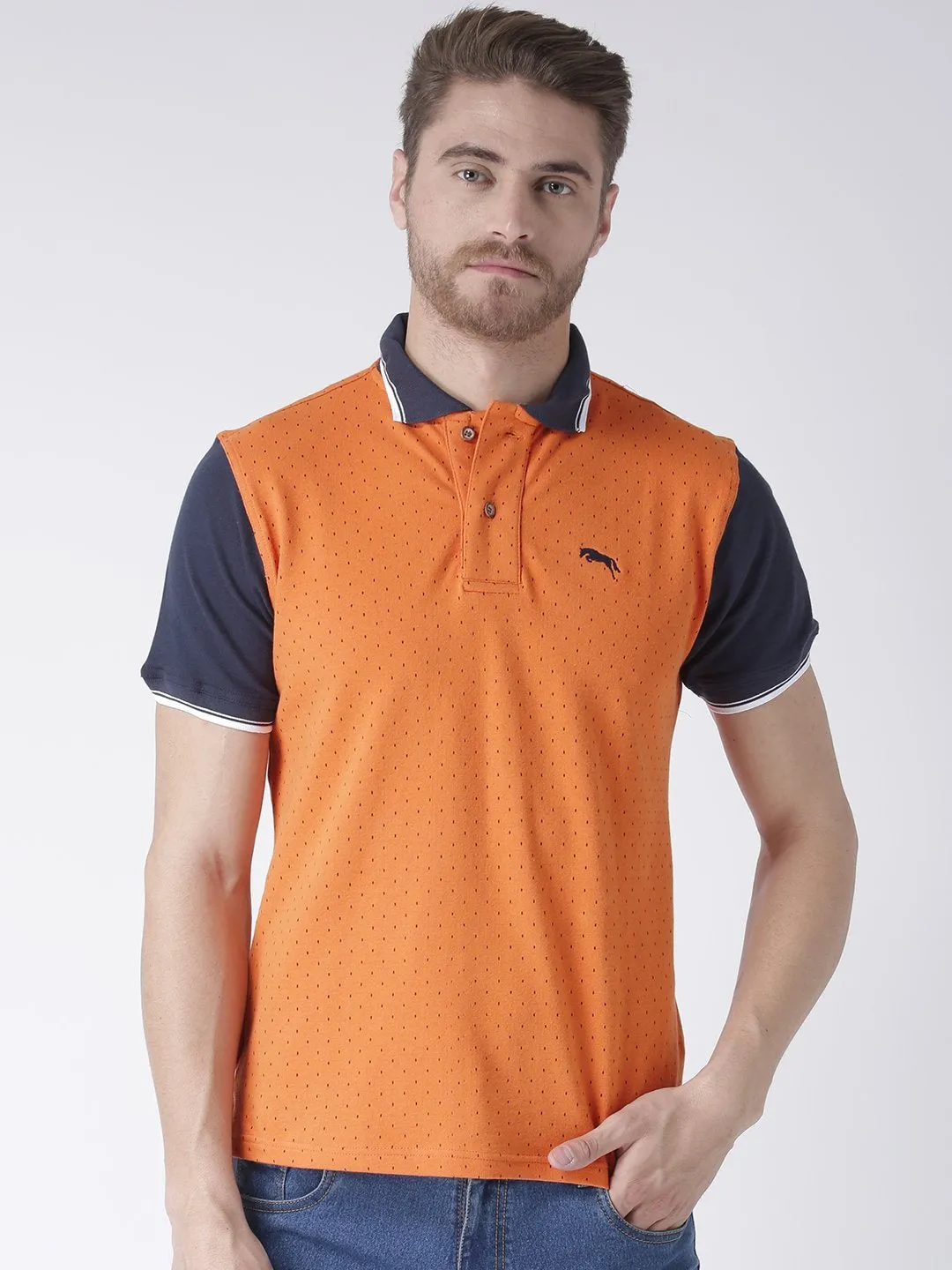 Men Orange & Electric Navy Cotton & Spandex T-Shirt