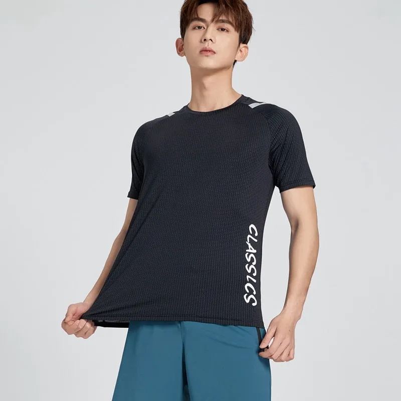 Men's Fitness Jogging Shirts Elastic Quick Dry Sports Mesh Tshirt Tights Gym Running Tops Short Sleeve Tees Blouses Clothes
