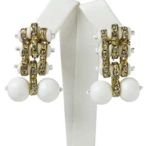 Milk Glass Bead, Diamanté & Gold Earrings by Miriam Haskell