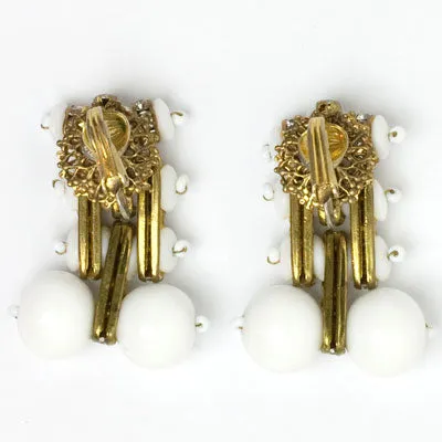 Milk Glass Bead, Diamanté & Gold Earrings by Miriam Haskell