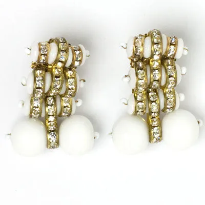 Milk Glass Bead, Diamanté & Gold Earrings by Miriam Haskell