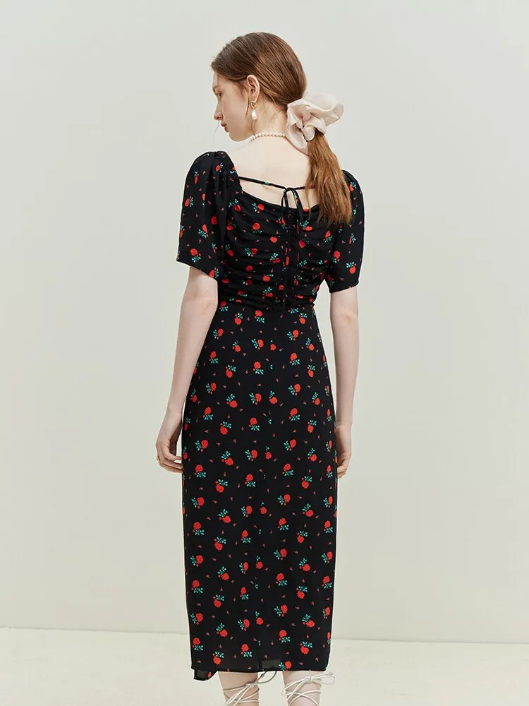 Nsquared French Rose Print Dress | New Square Neck Waist Wrap Dress | Black Women High Waist V-Neck Women Dress
