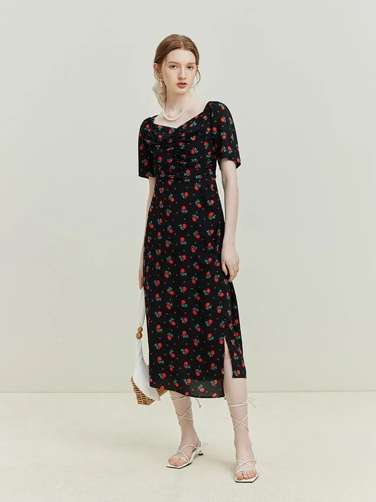 Nsquared French Rose Print Dress | New Square Neck Waist Wrap Dress | Black Women High Waist V-Neck Women Dress