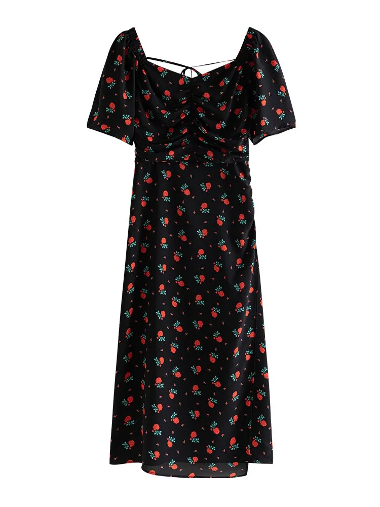 Nsquared French Rose Print Dress | New Square Neck Waist Wrap Dress | Black Women High Waist V-Neck Women Dress
