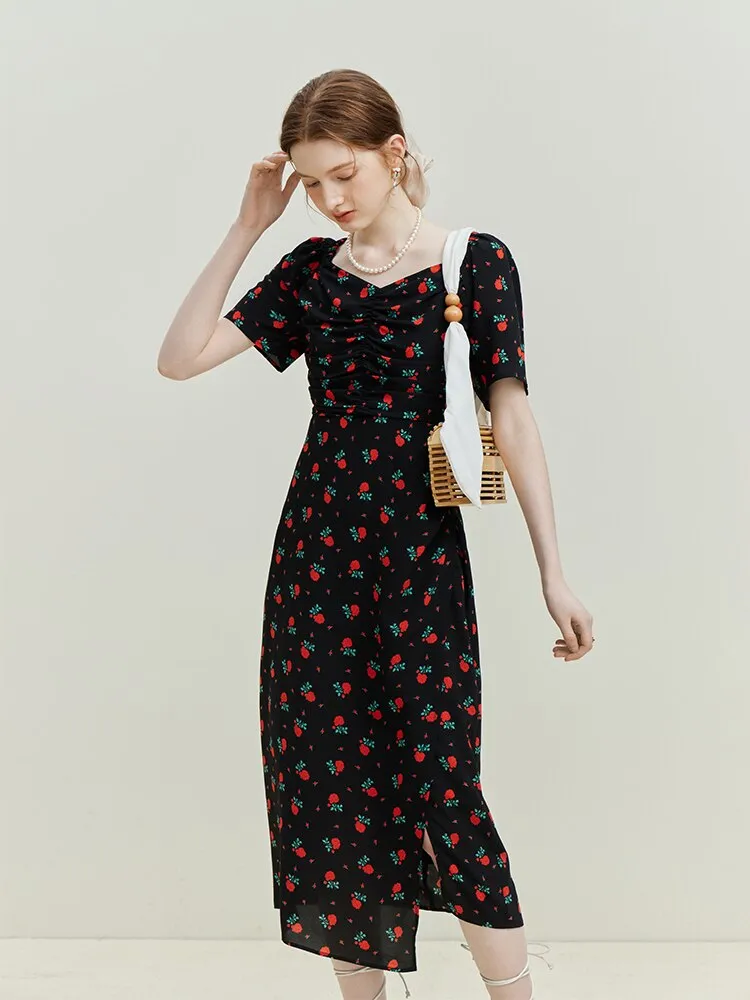 Nsquared French Rose Print Dress | New Square Neck Waist Wrap Dress | Black Women High Waist V-Neck Women Dress