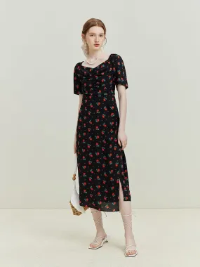 Nsquared French Rose Print Dress | New Square Neck Waist Wrap Dress | Black Women High Waist V-Neck Women Dress
