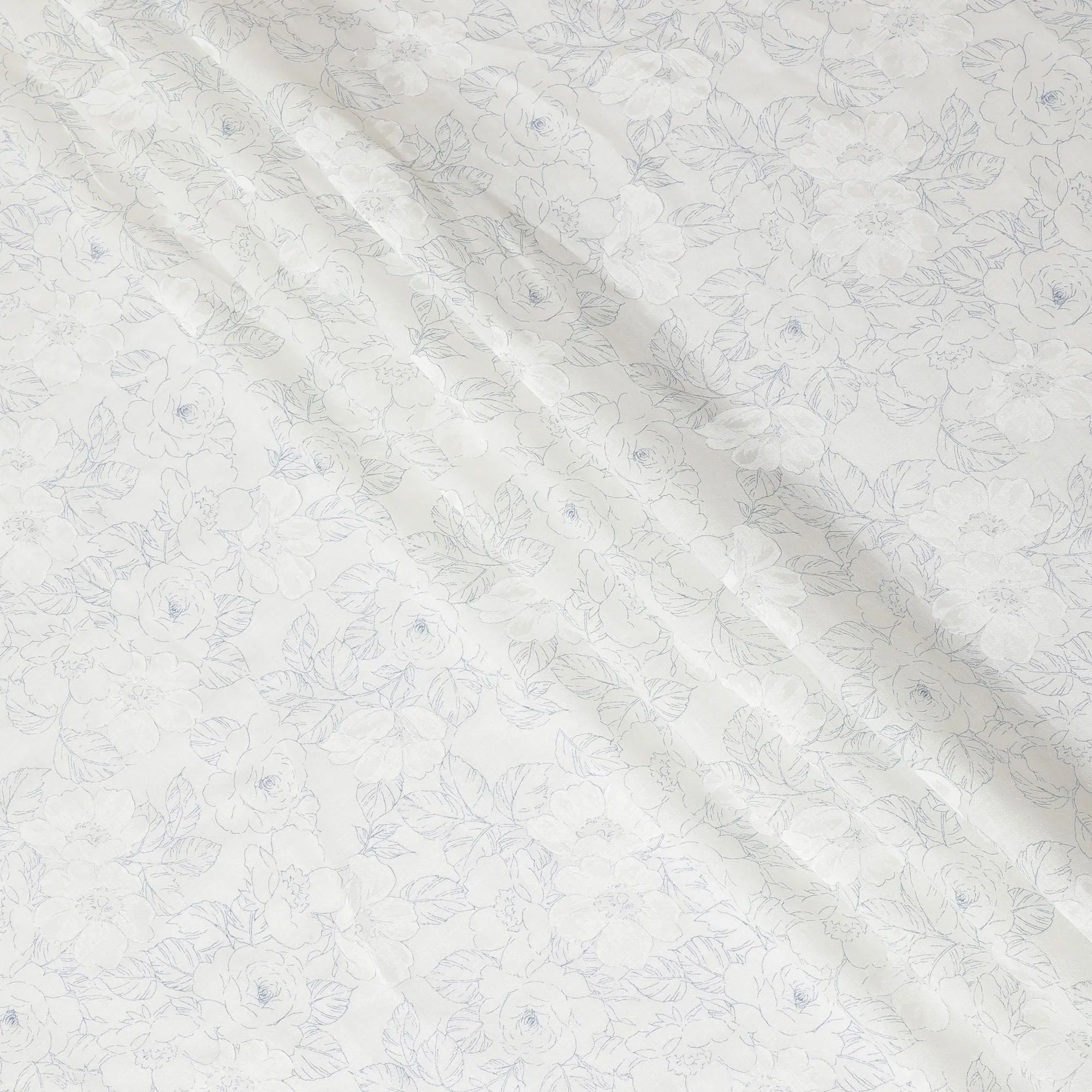 Off white premium pure Italian linen fabric with blue and white print in floral design-D13995