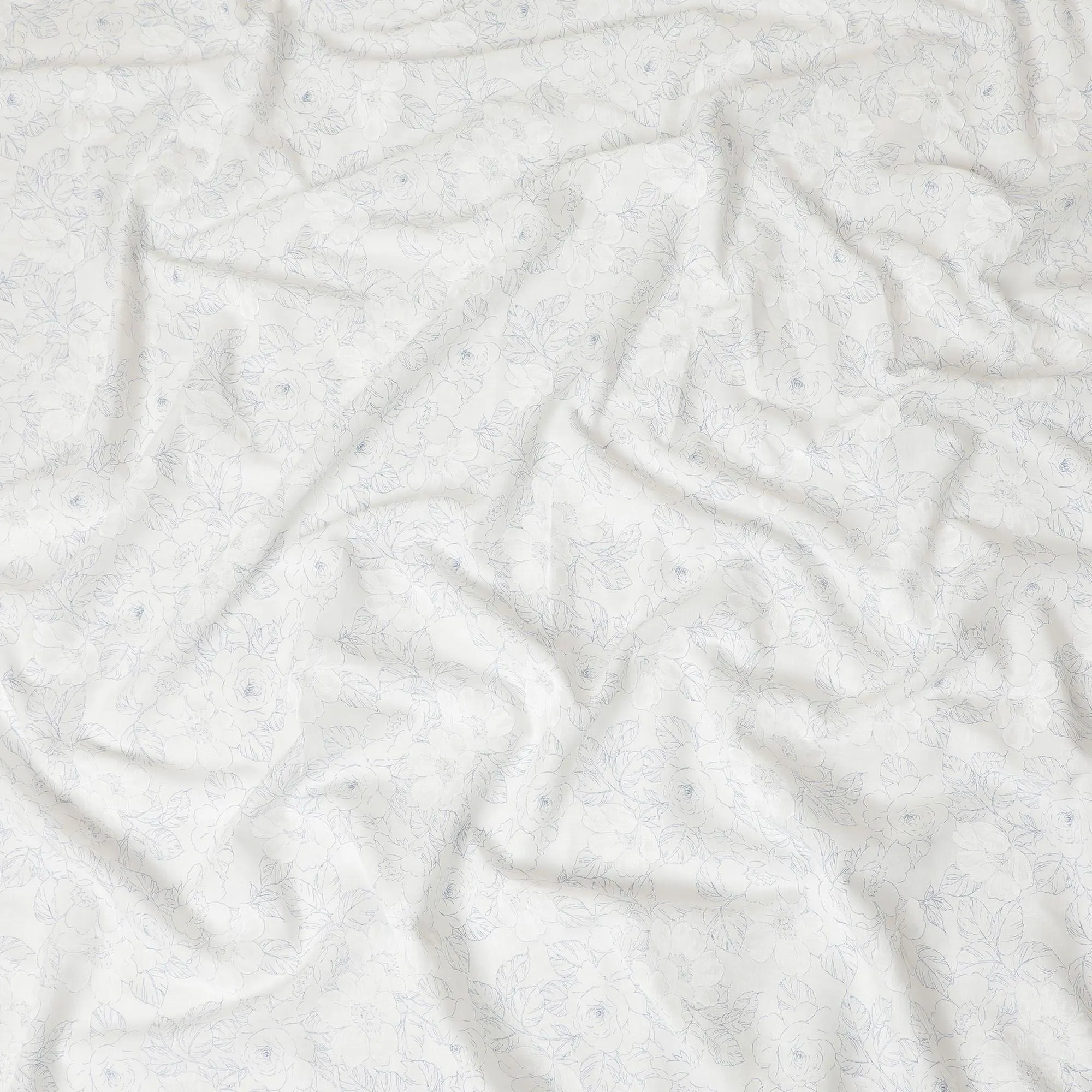 Off white premium pure Italian linen fabric with blue and white print in floral design-D13995
