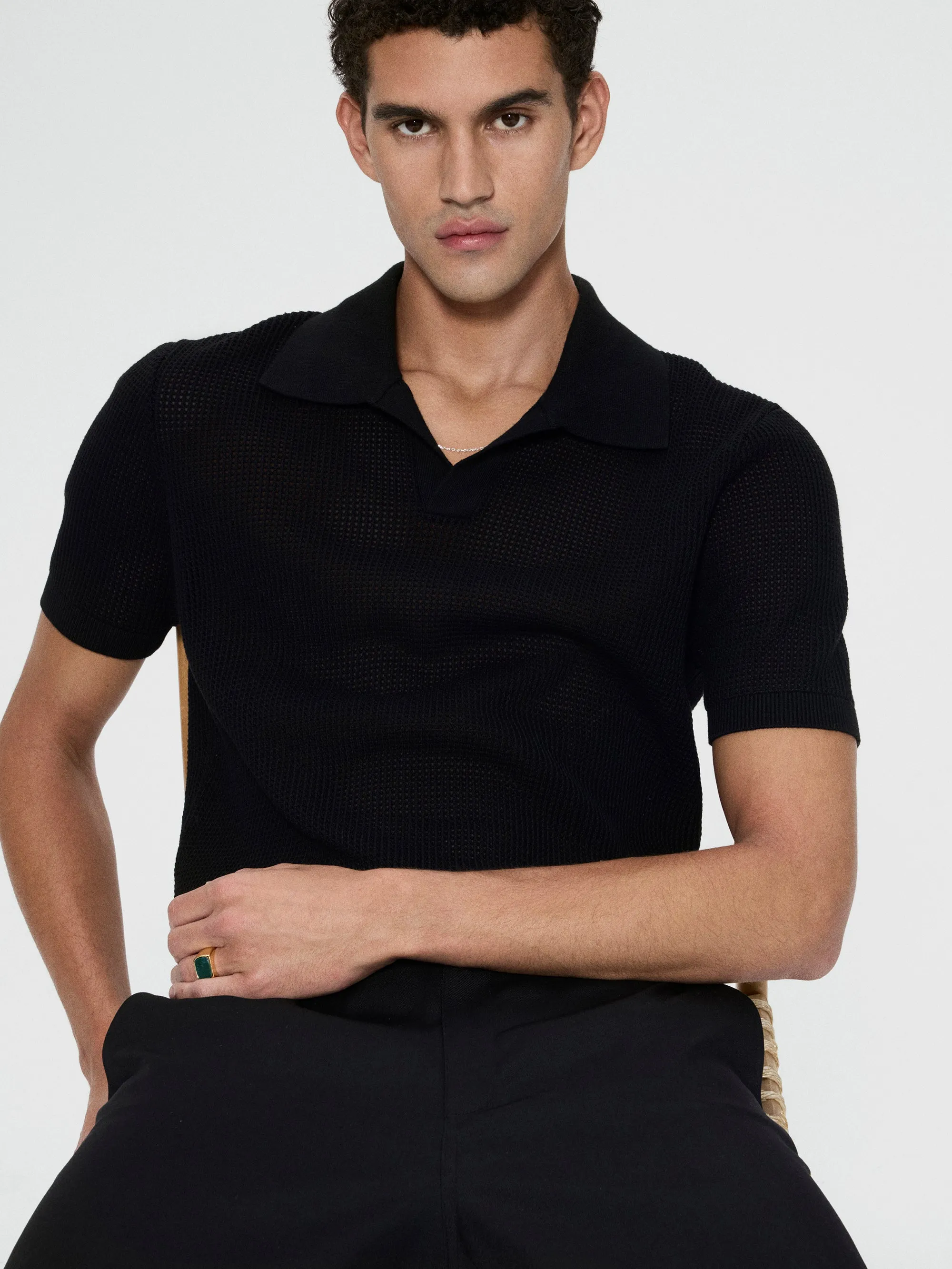 Open Weave Polo Sweater -- Black