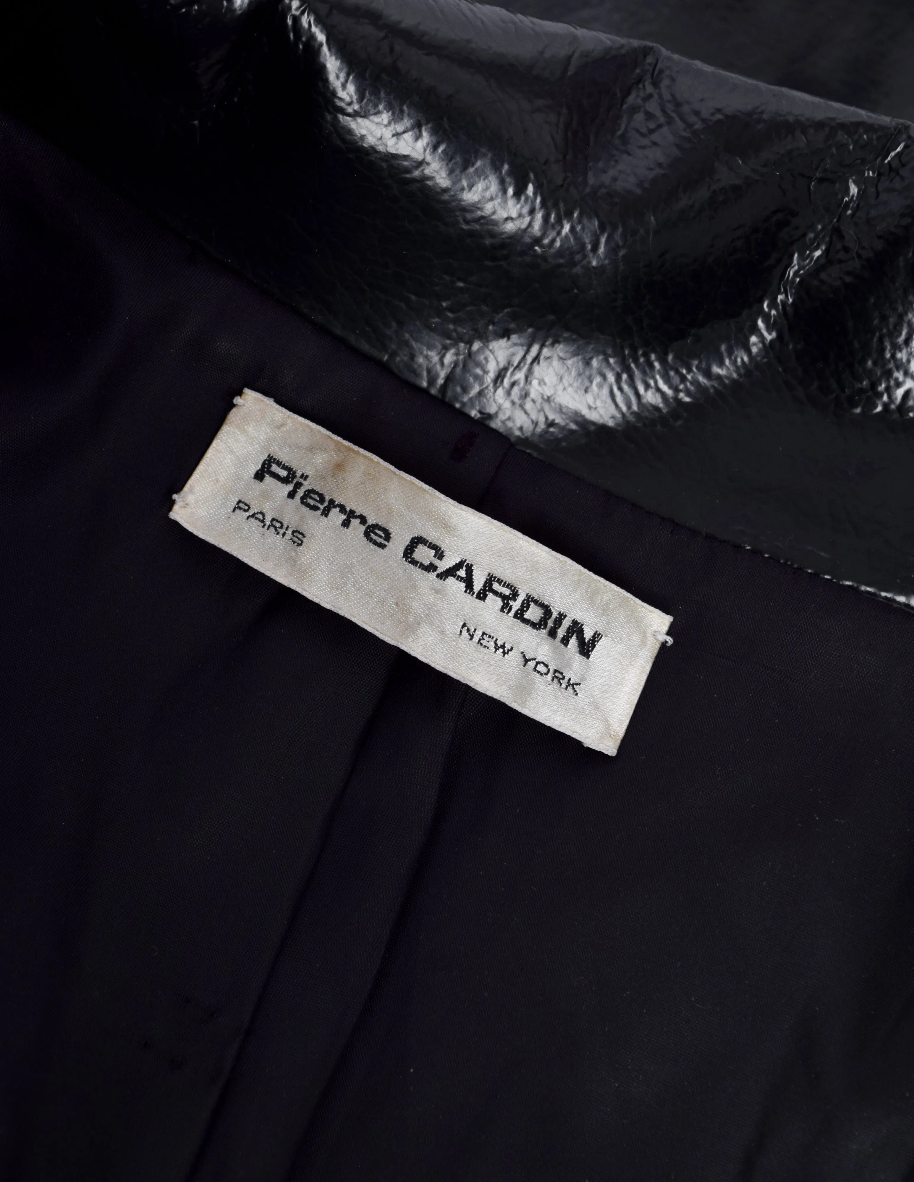 Pierre Cardin Vintage c. 1967-1969 Space Age Mod Black Oil Slick Patent Vinyl Trench Raincoat