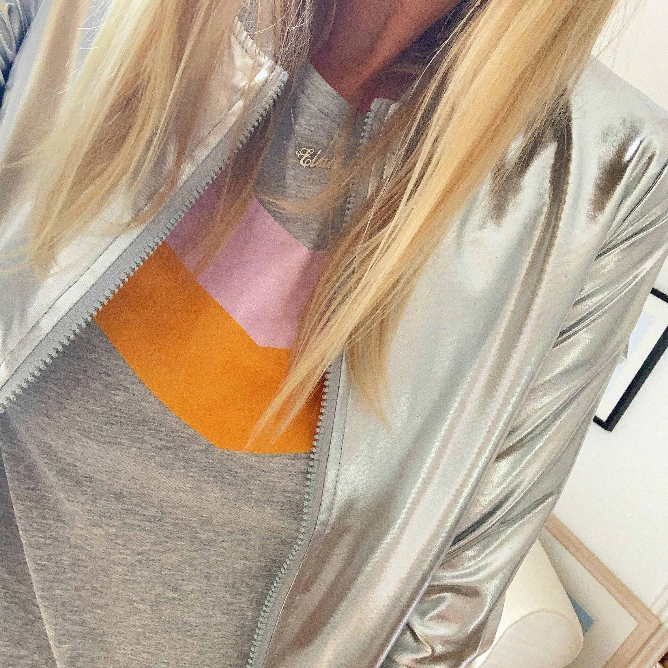 Pink & orange chevron on grey tee