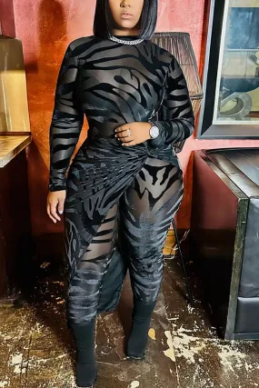 Plus Size Black Party Animal Print See-Through Mesh Long Sleeve Outfit Wrap Romper Skirt Jumpsuit Set