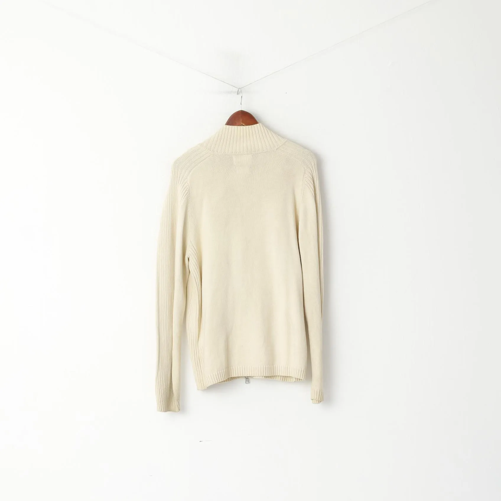 Polo Jeans Ralph Lauren Men XL (L) Jumper Cream Cotton Full Zipper Classic Sweater