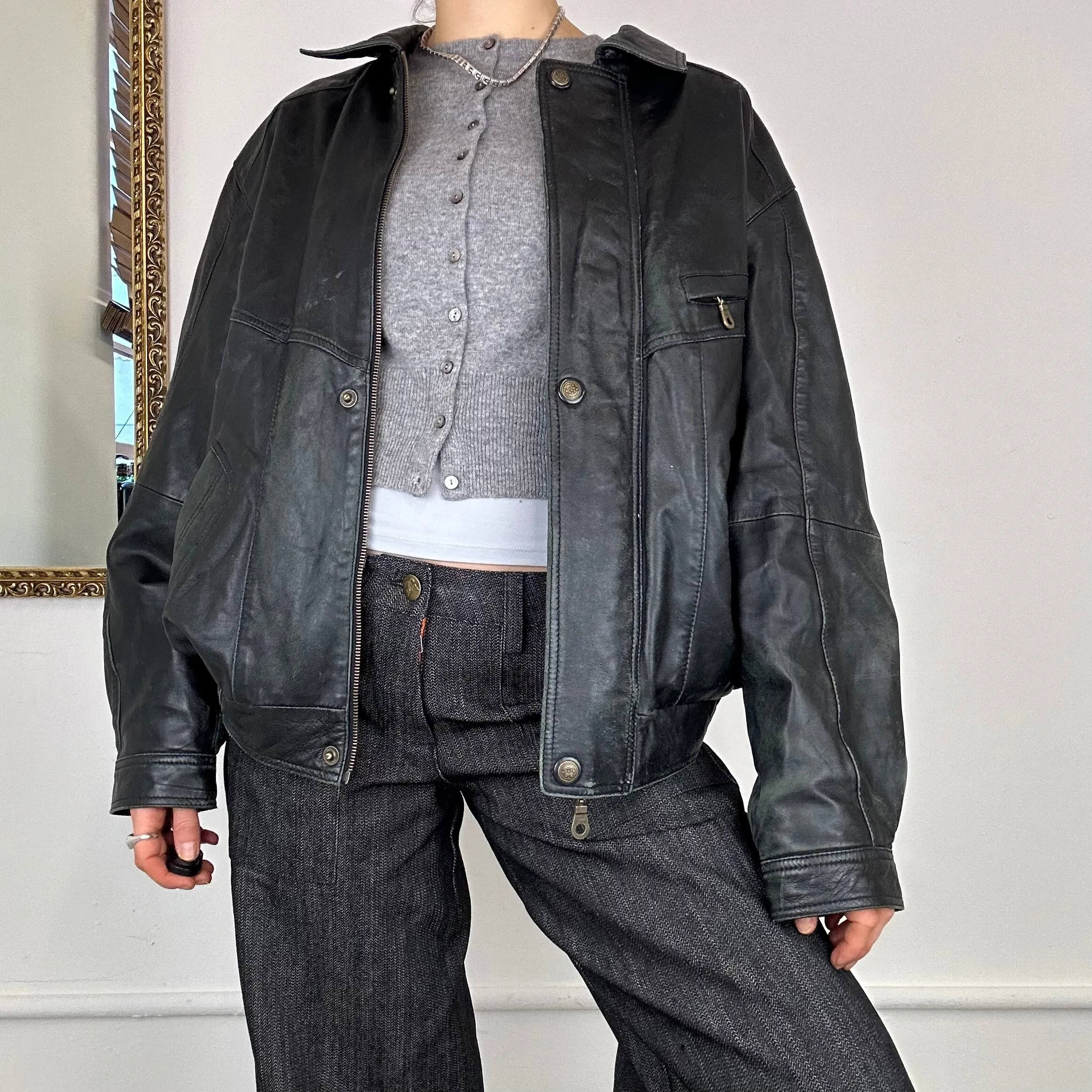 real leather baggy bomber jacket