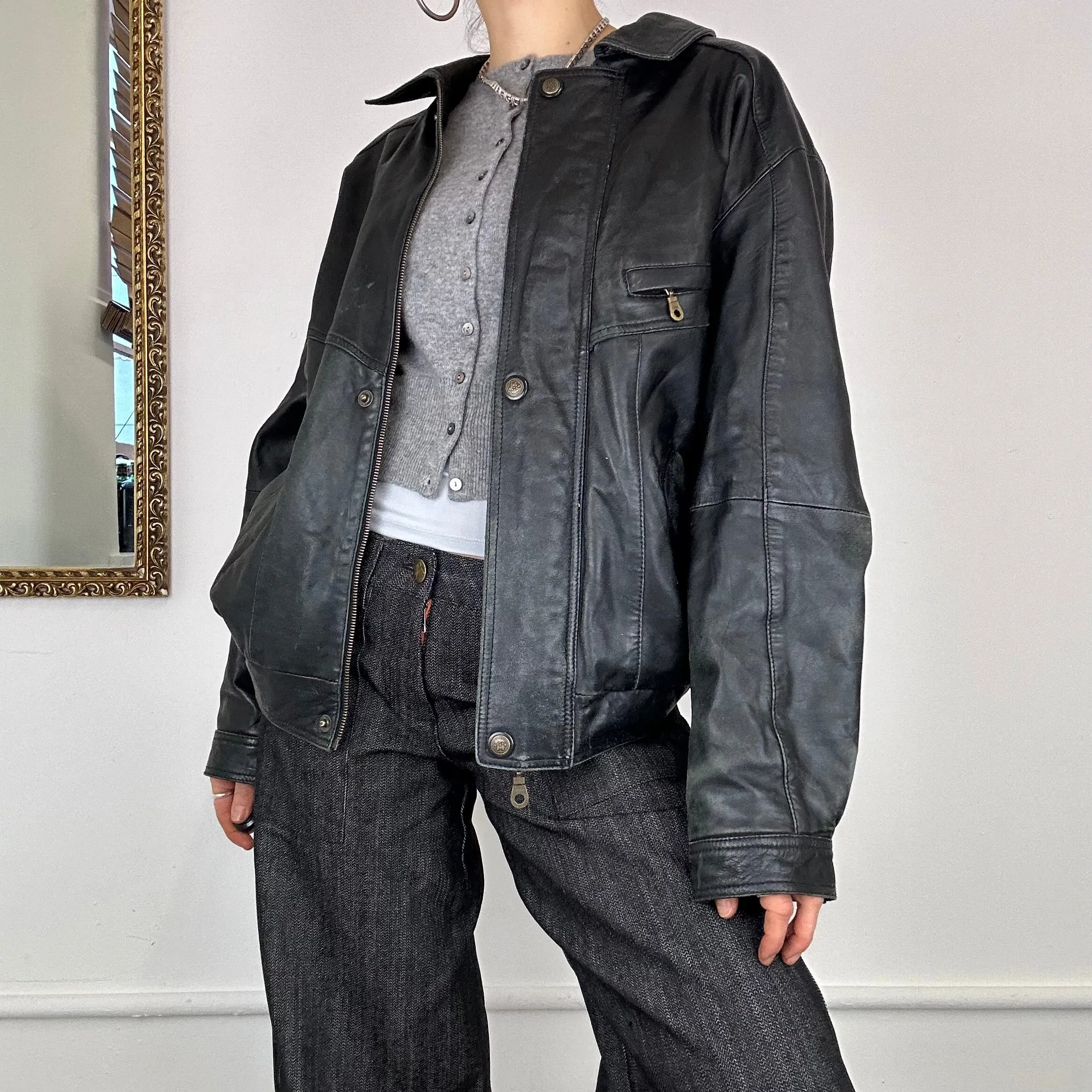 real leather baggy bomber jacket