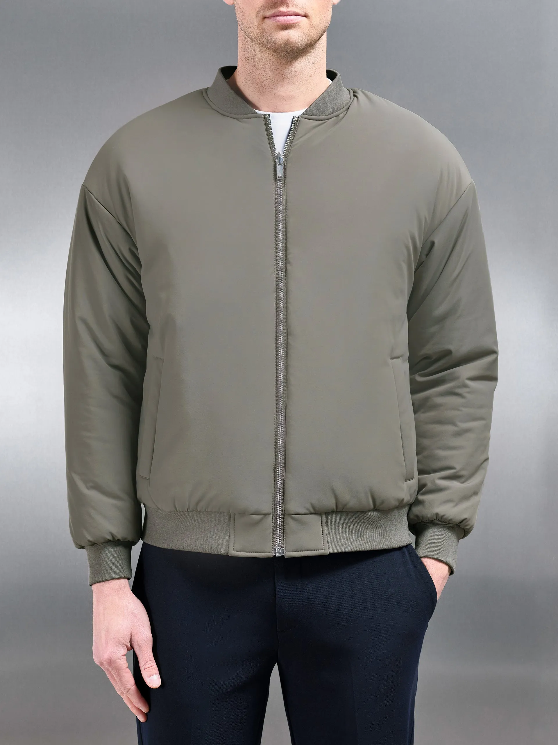 Relaxed Padded Reversible Bomber Jacket in Olive Navy