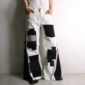 remake "再構築" black×white color patchwork design flare denim pants