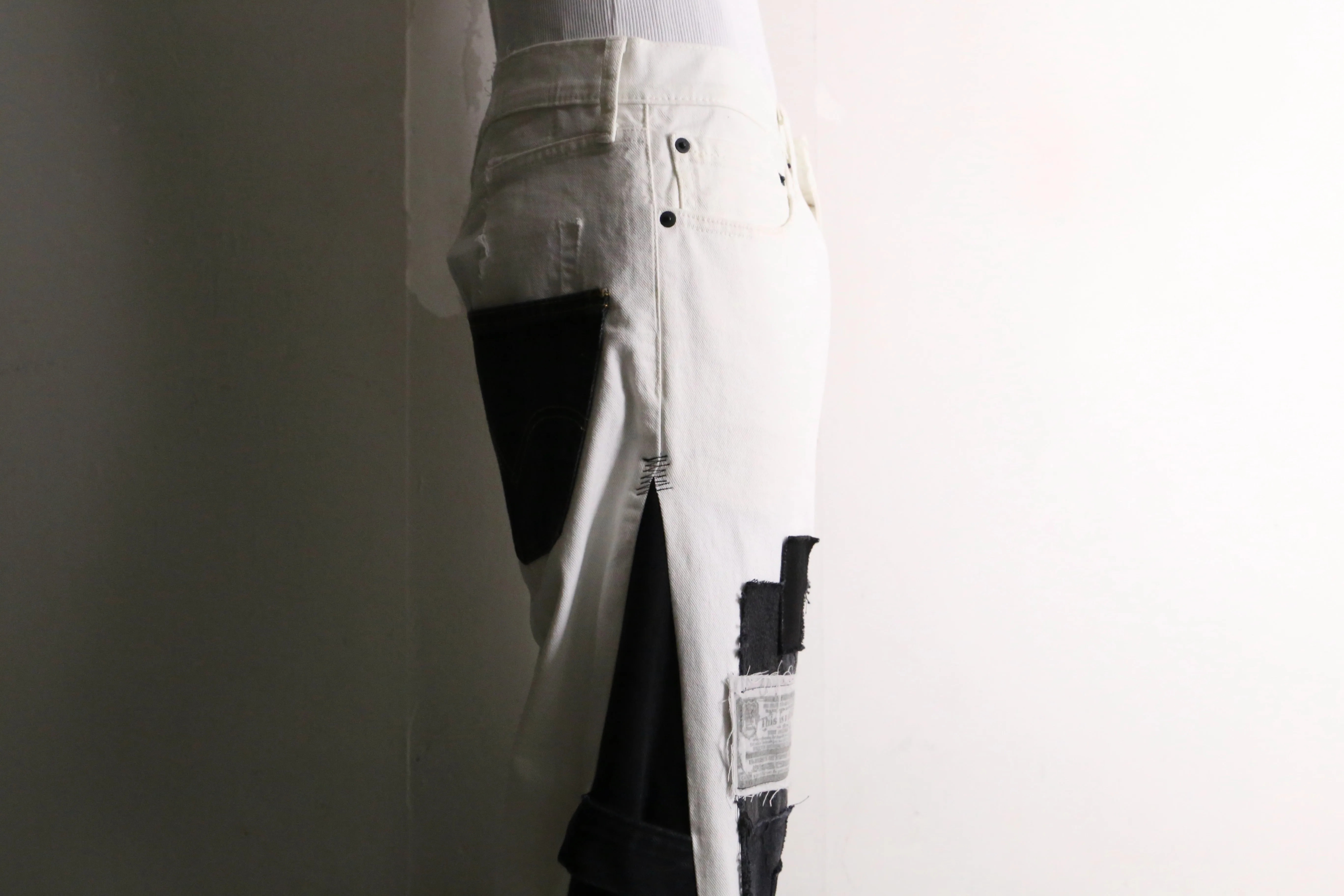 remake "再構築" black×white color patchwork design flare denim pants