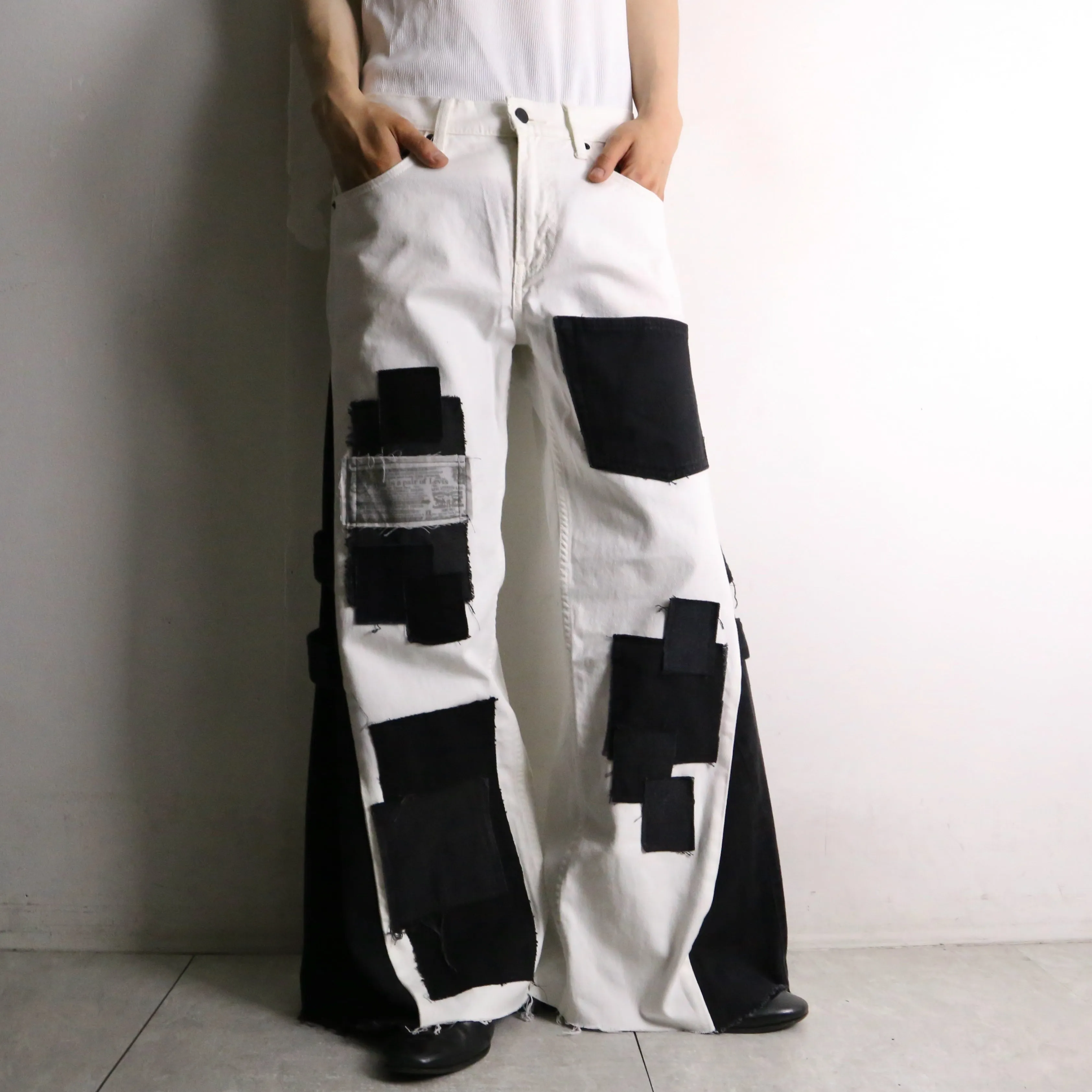 remake "再構築" black×white color patchwork design flare denim pants