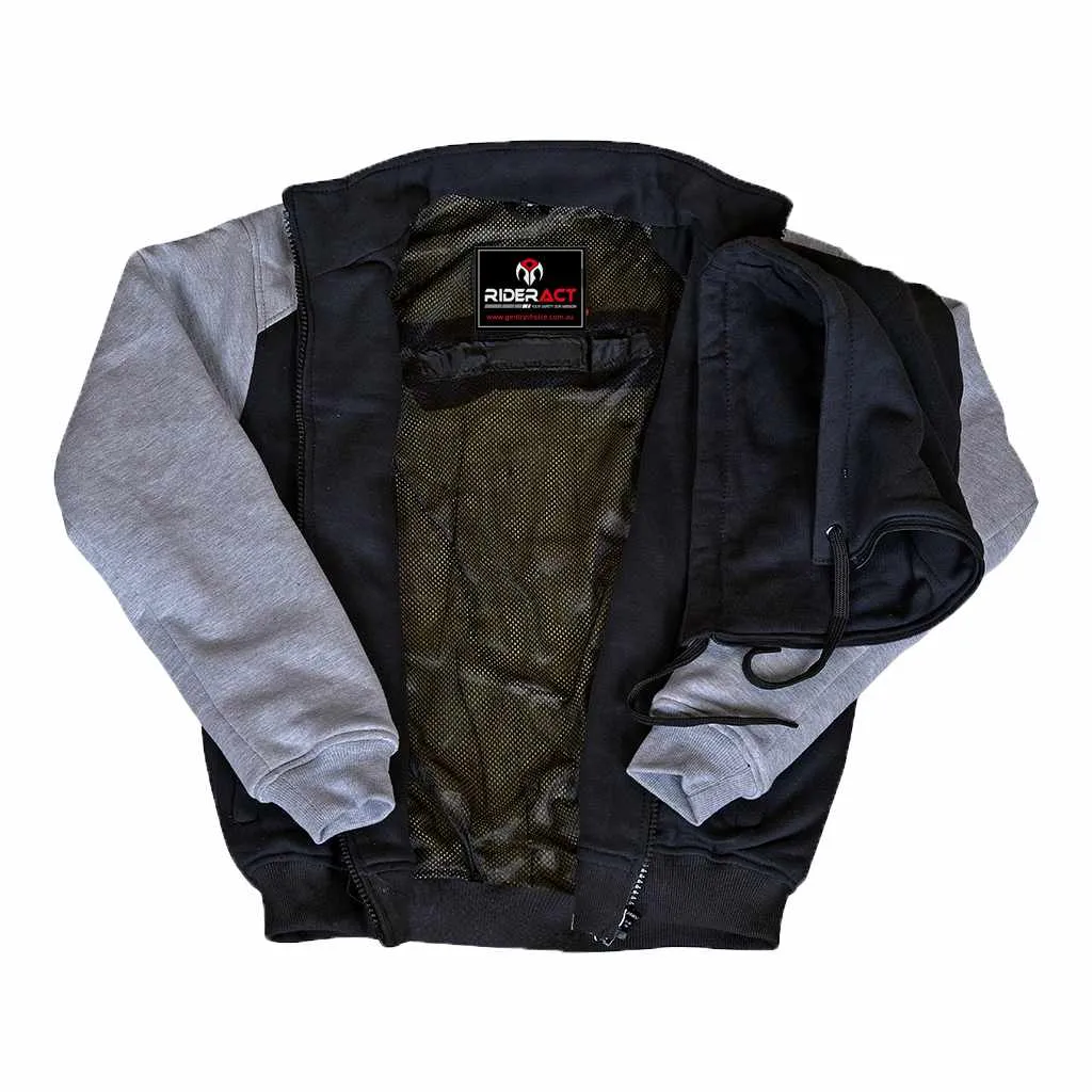 RIDERACT® Street Riding Motorbike Hoodie Black Grey Reinforced with Aramid Fiber