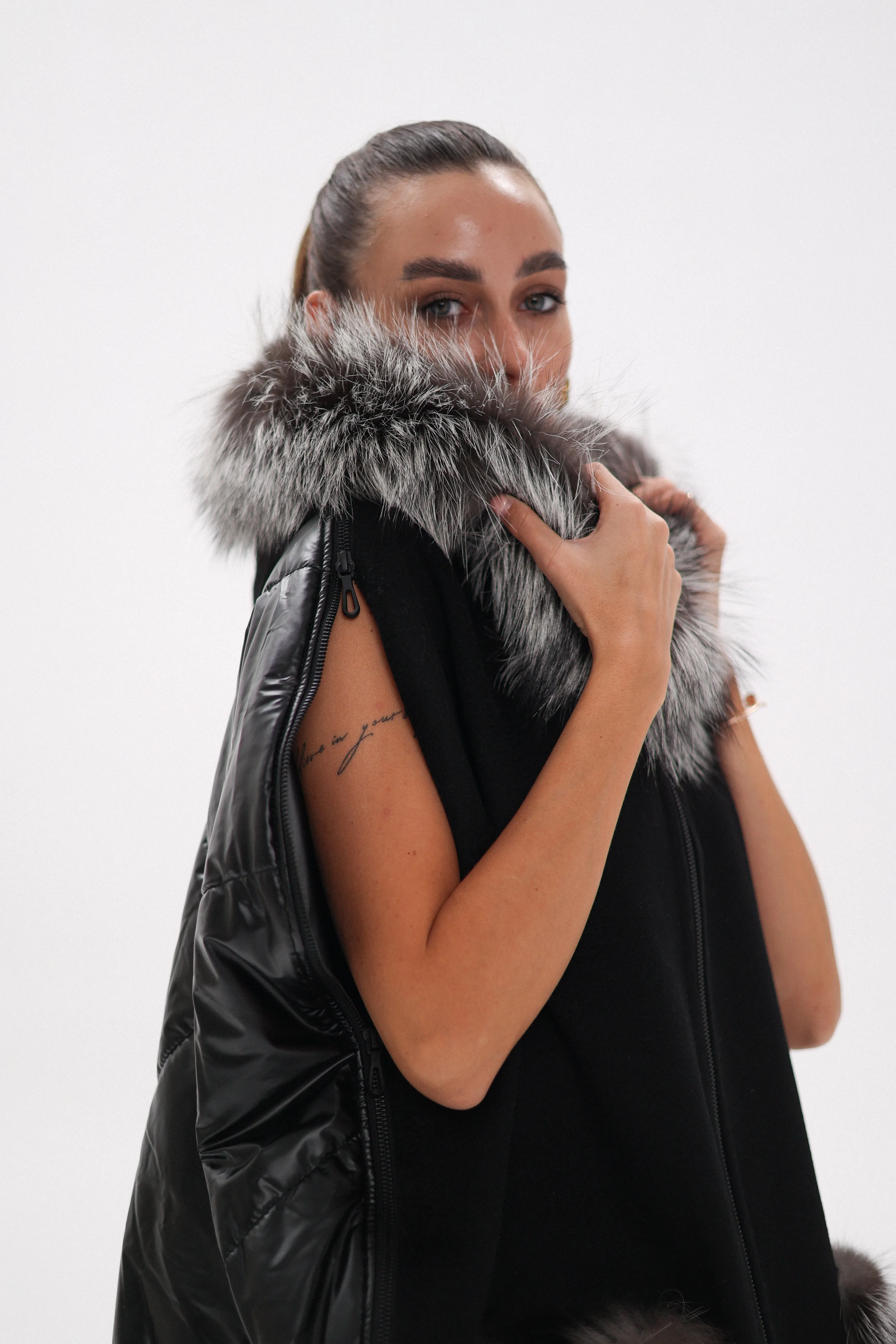 Saga®Furs Silver Fox Wool Alpaca Poncho in Black