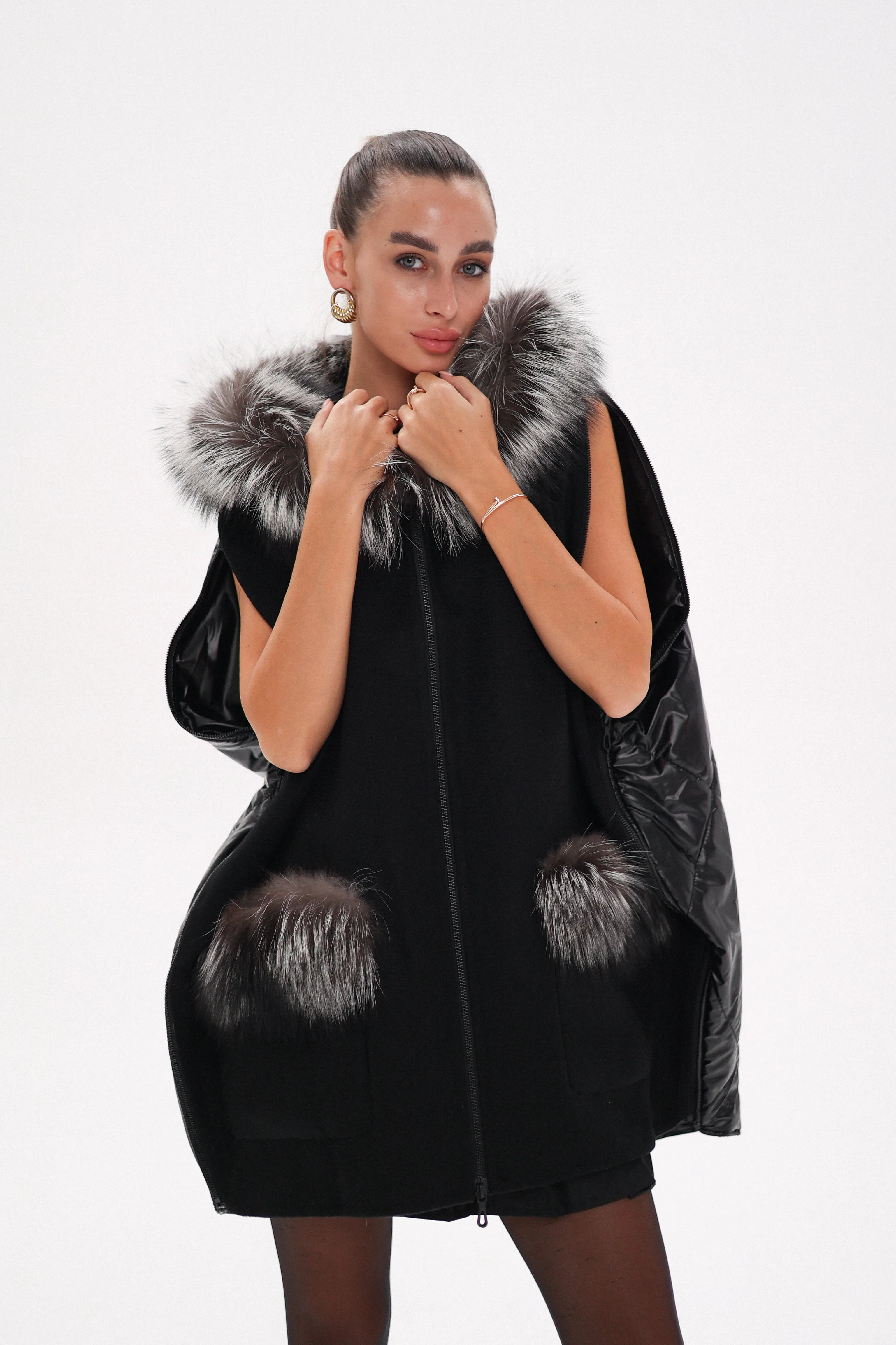 Saga®Furs Silver Fox Wool Alpaca Poncho in Black