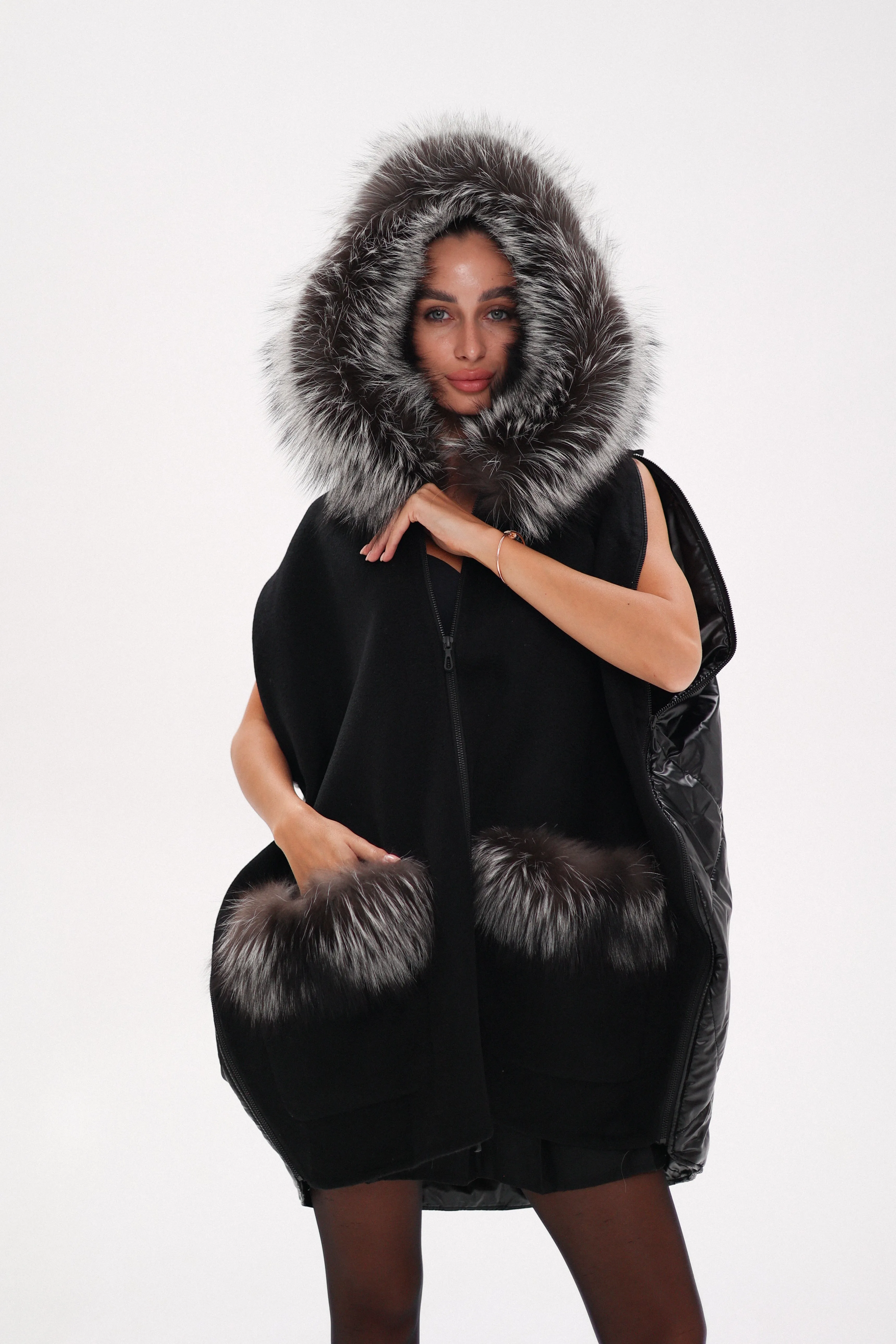 Saga®Furs Silver Fox Wool Alpaca Poncho in Black