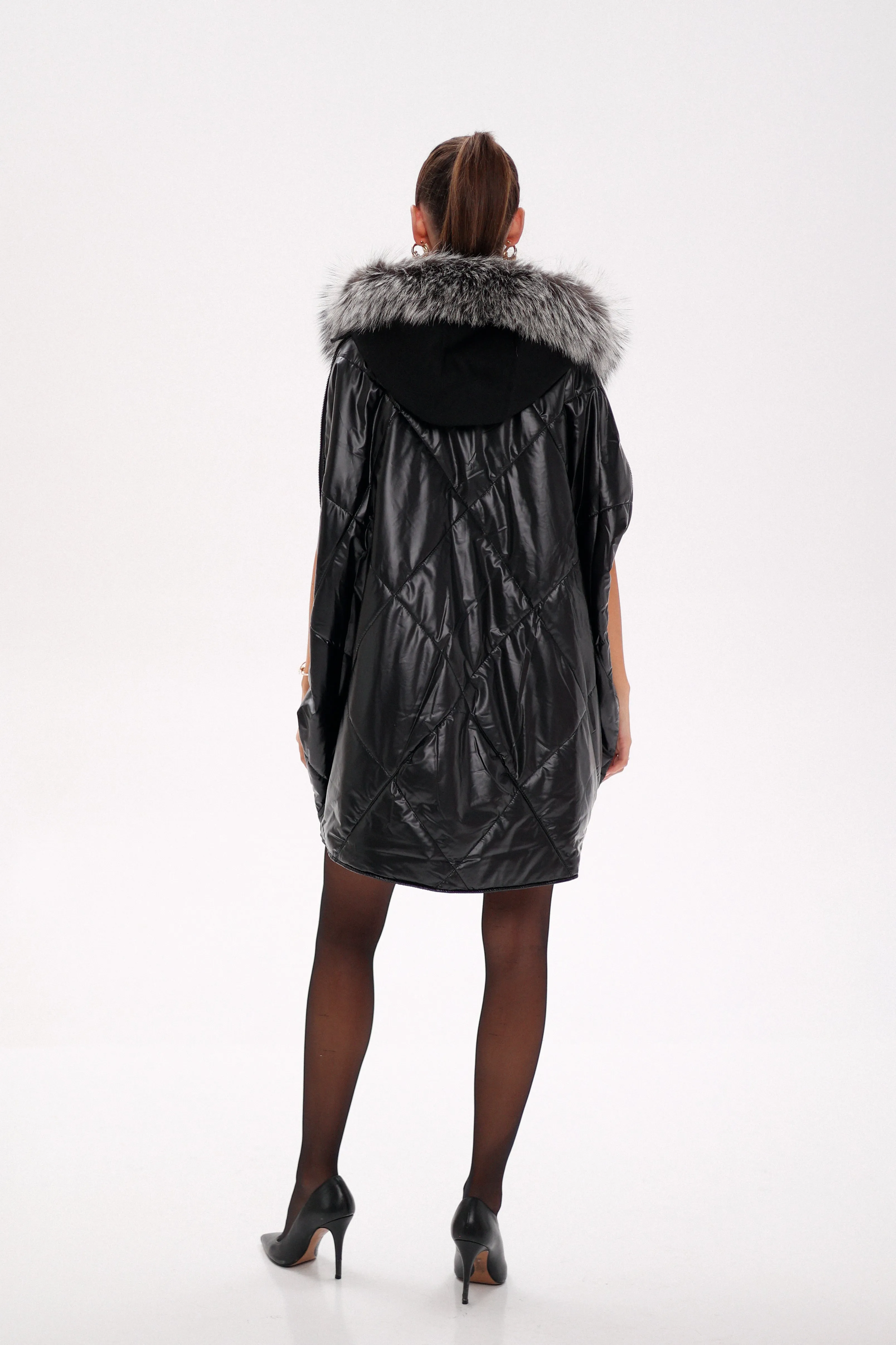 Saga®Furs Silver Fox Wool Alpaca Poncho in Black