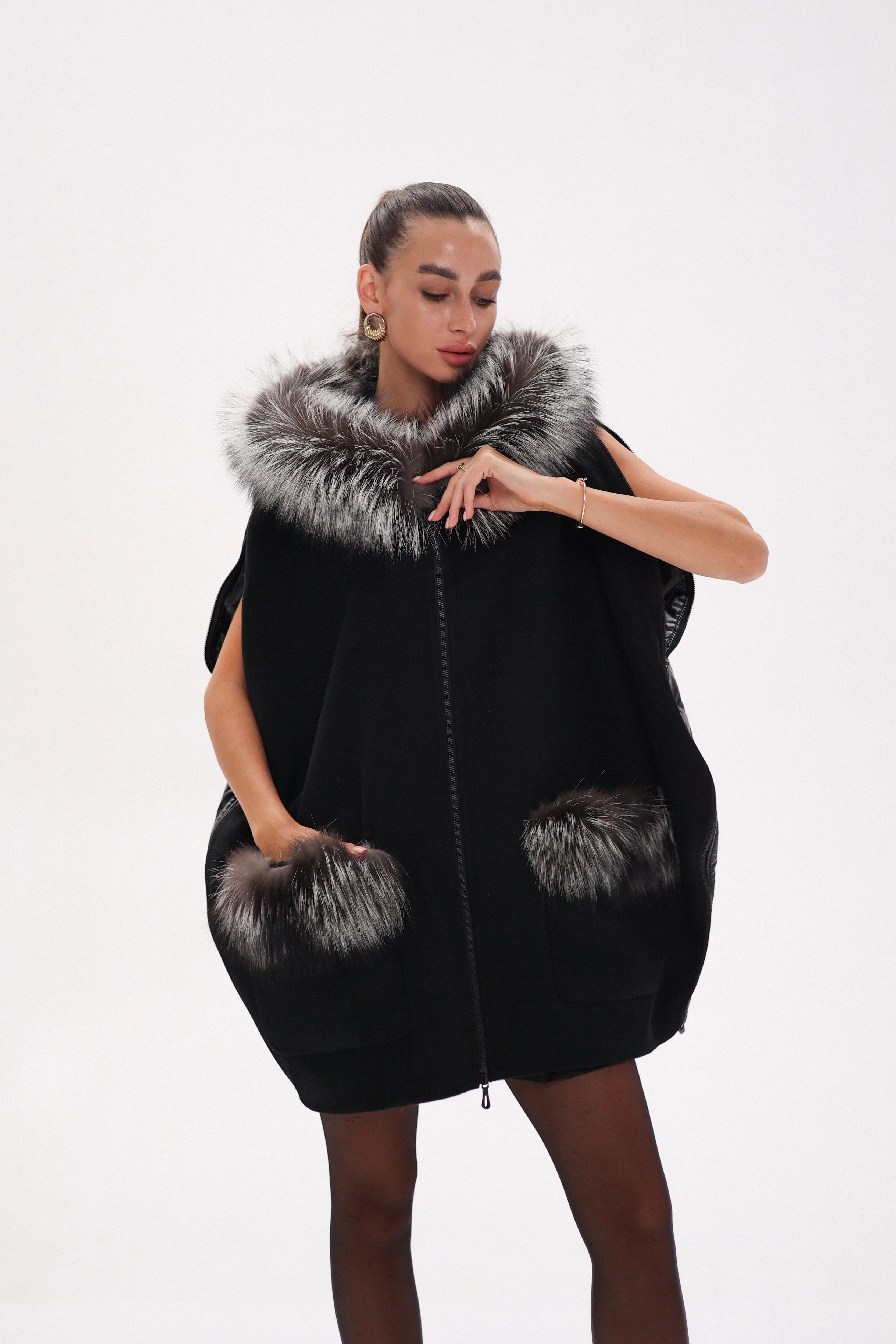 Saga®Furs Silver Fox Wool Alpaca Poncho in Black