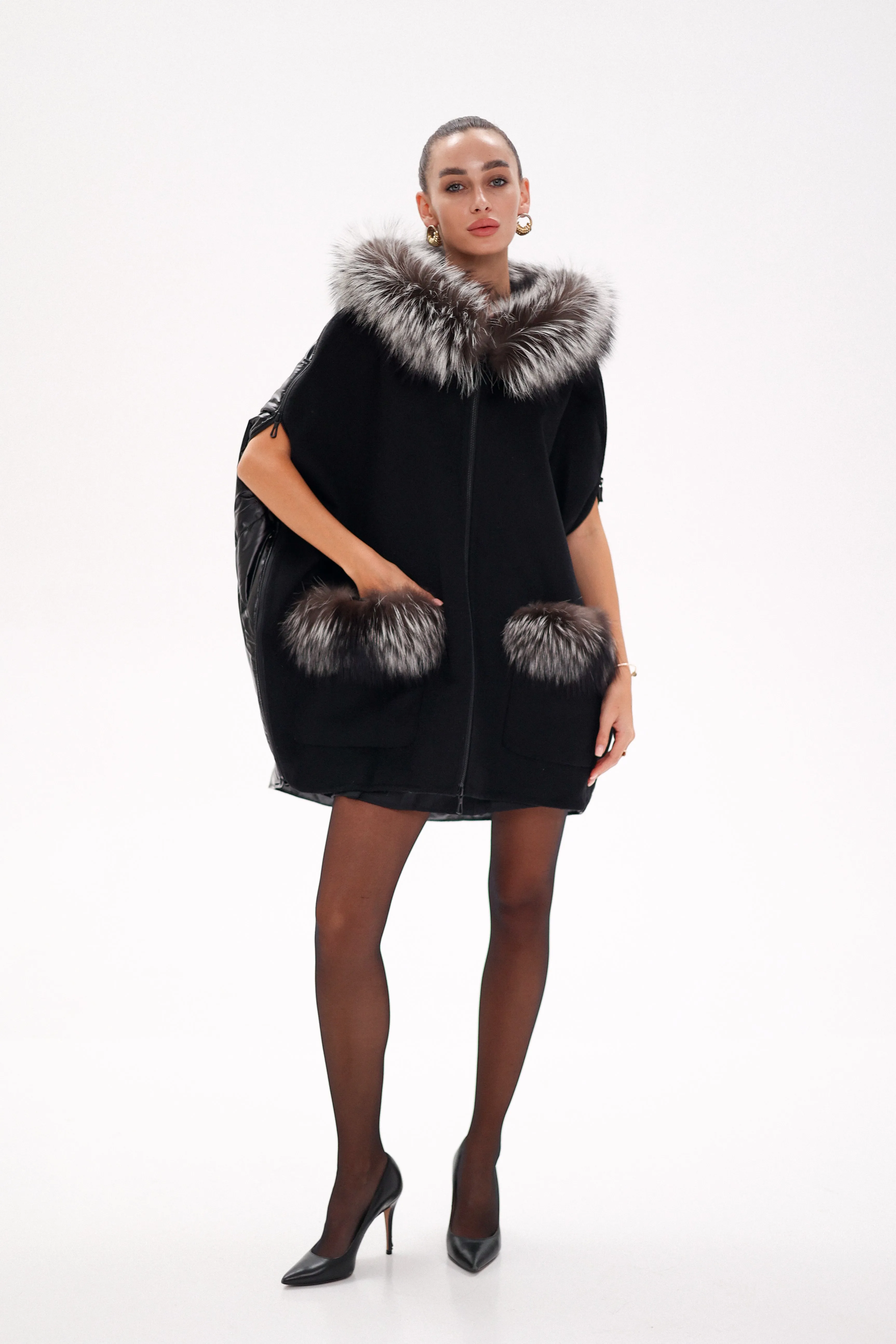 Saga®Furs Silver Fox Wool Alpaca Poncho in Black
