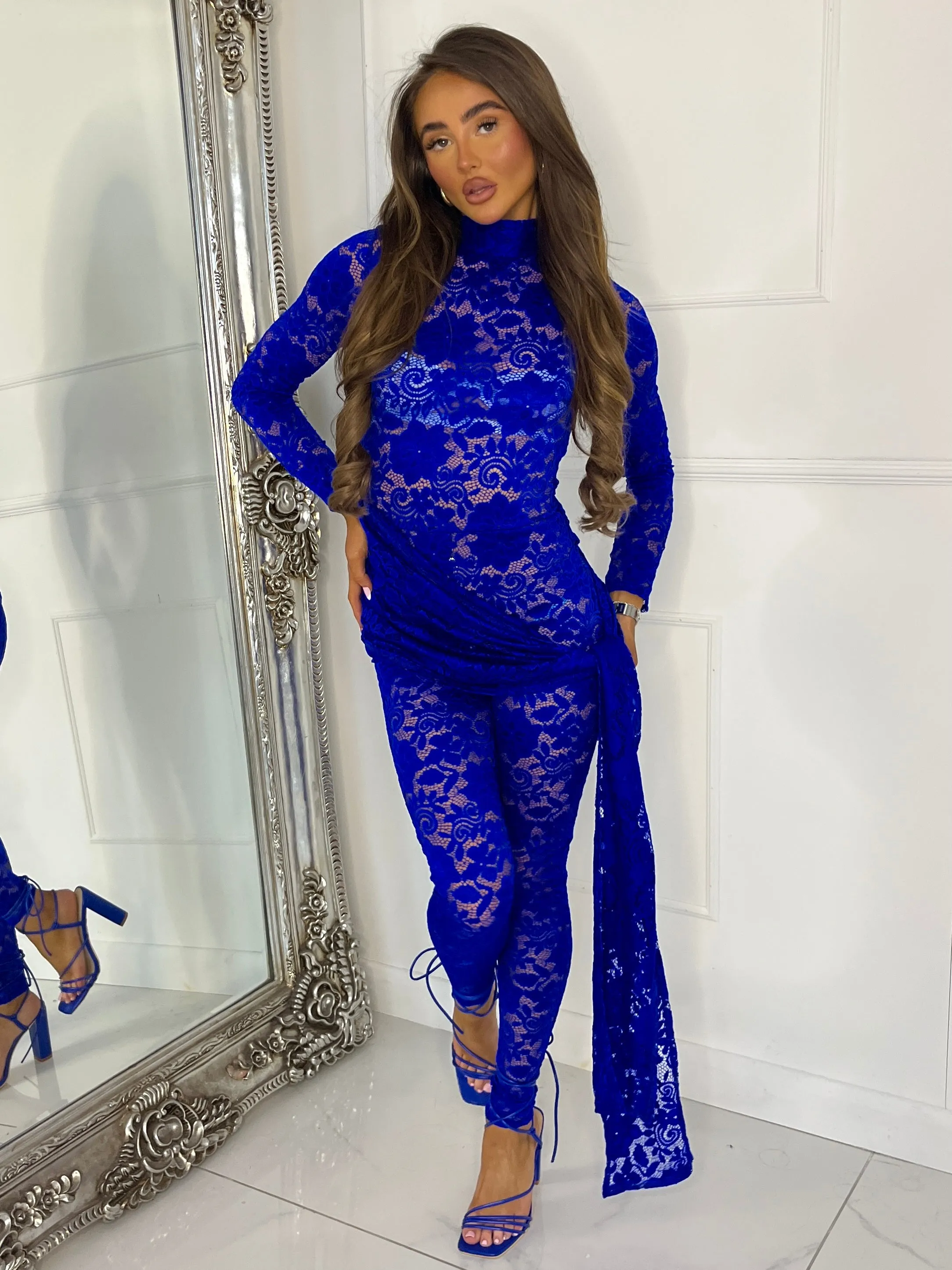 Sash Skirt Overlay Detail Lace Jumpsuit - Royal Blue