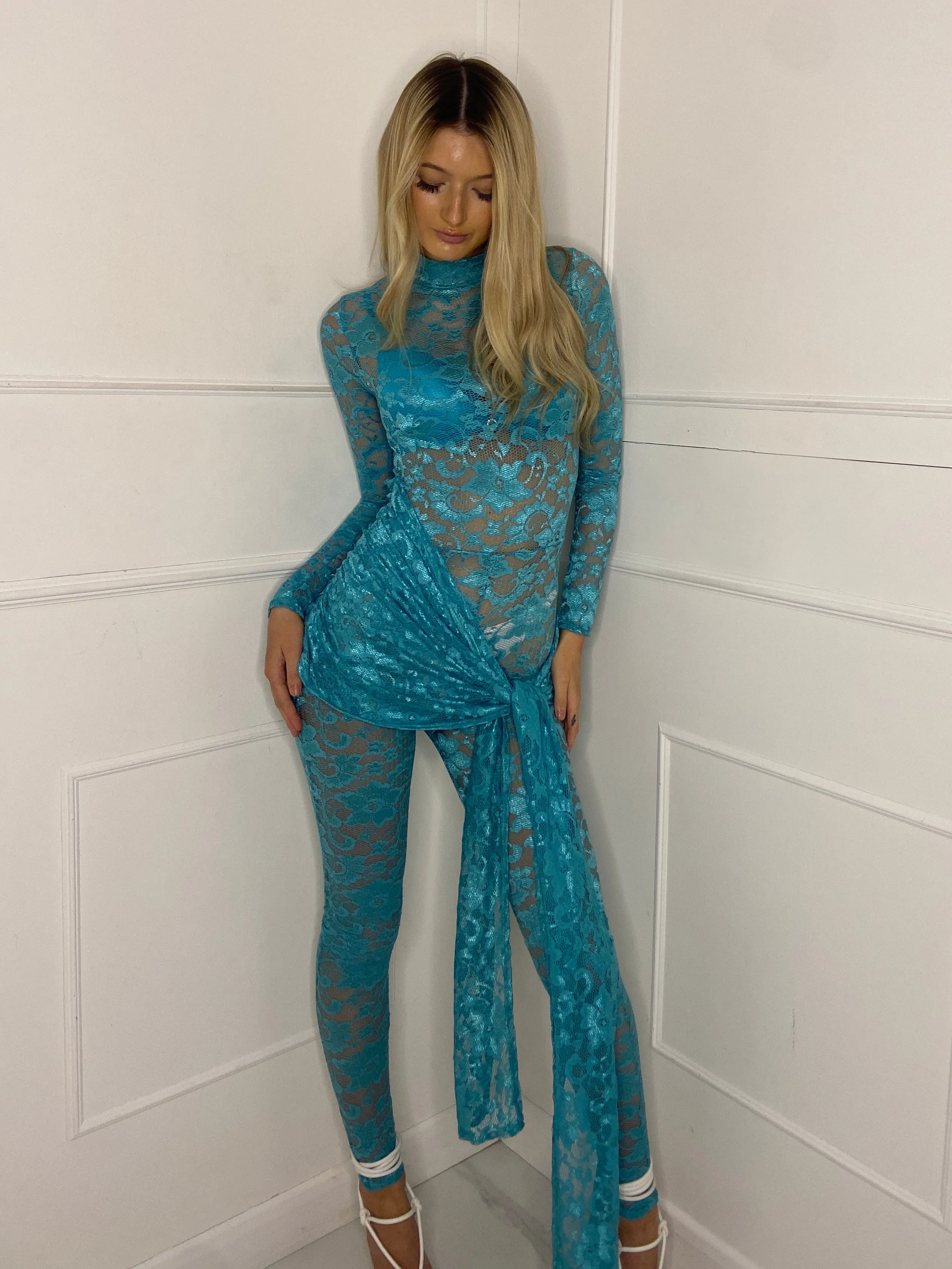 Sash Skirt Overlay Detail Lace Jumpsuit - Turqouise