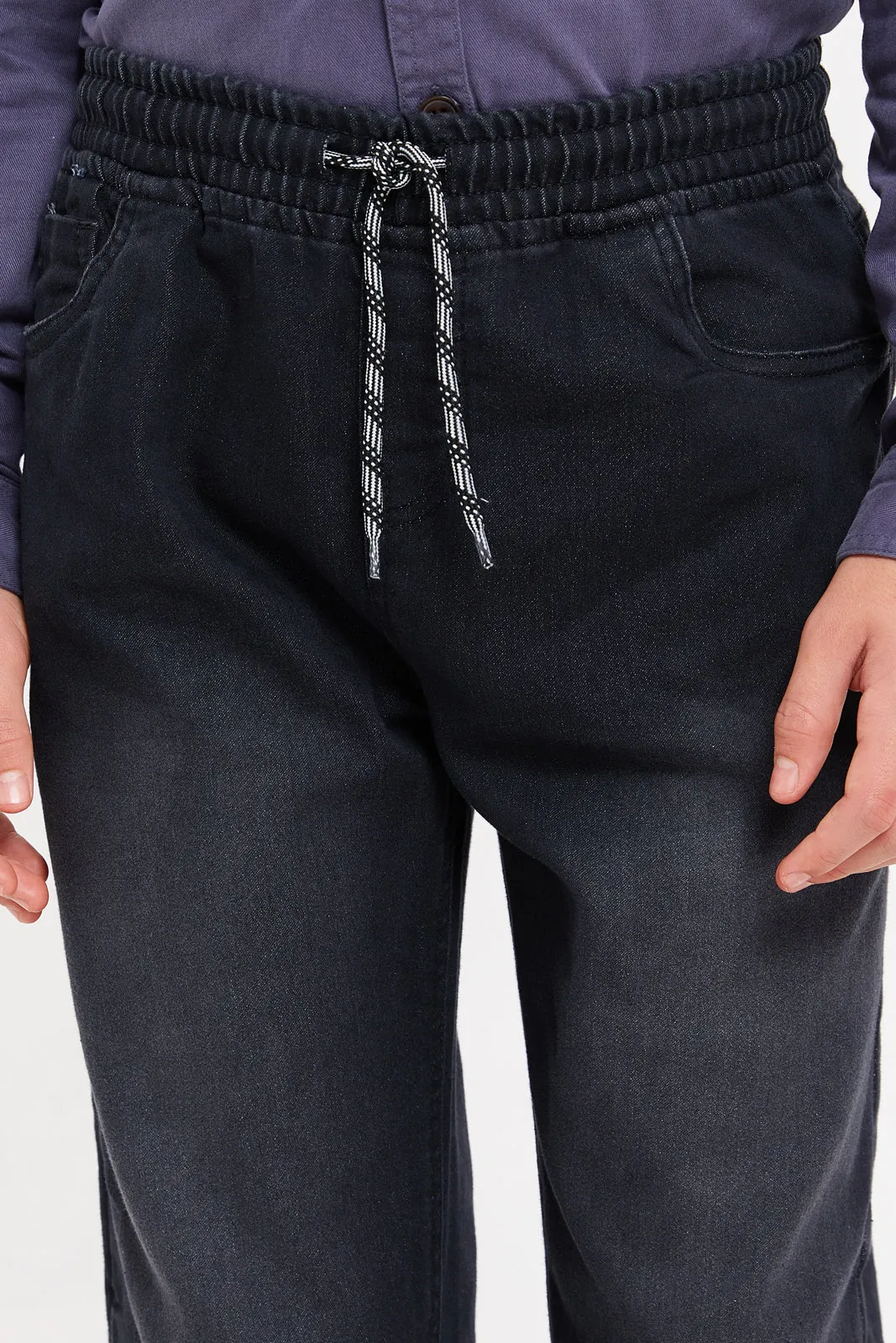 Senior Boys Black Joggers Pull On Knit Denim With Cuff