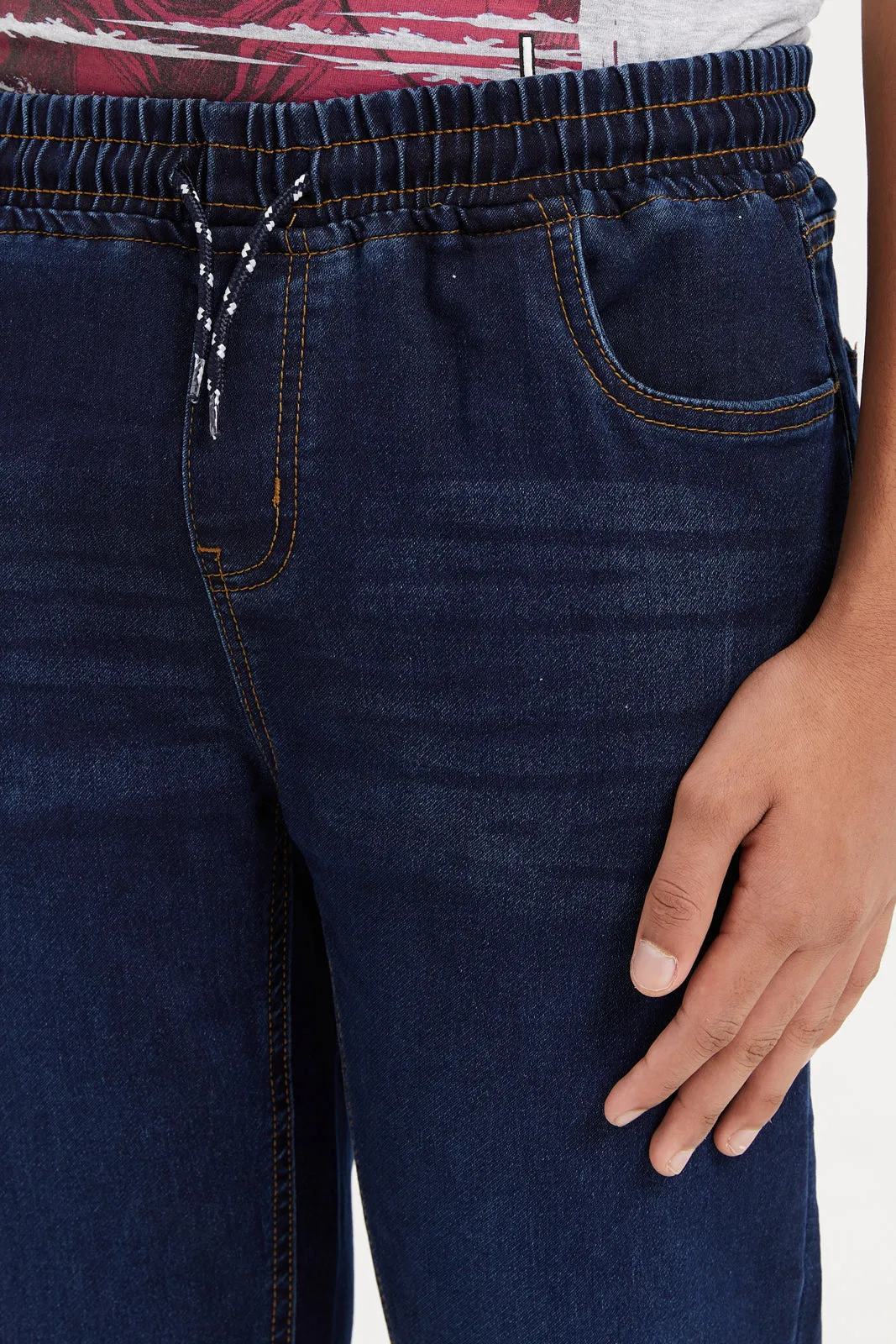 Senior Boys Navy Pull On Denim Joggers With Cuff