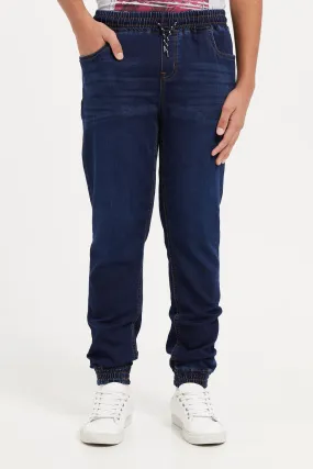 Senior Boys Navy Pull On Denim Joggers With Cuff