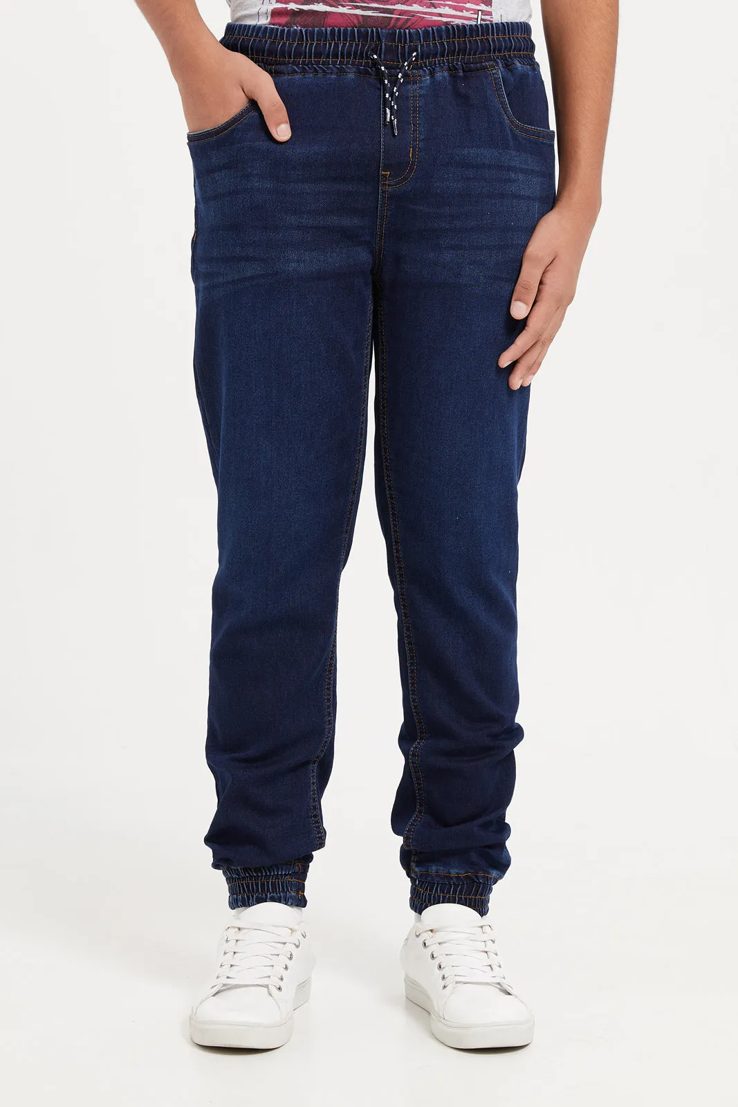 Senior Boys Navy Pull On Denim Joggers With Cuff