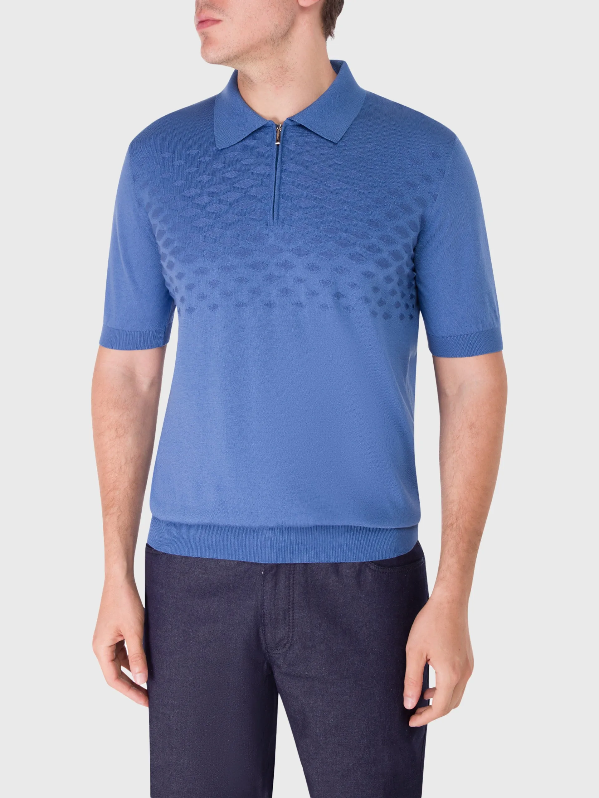 Short Sleeve Zipped Polo with Diamond Pattern