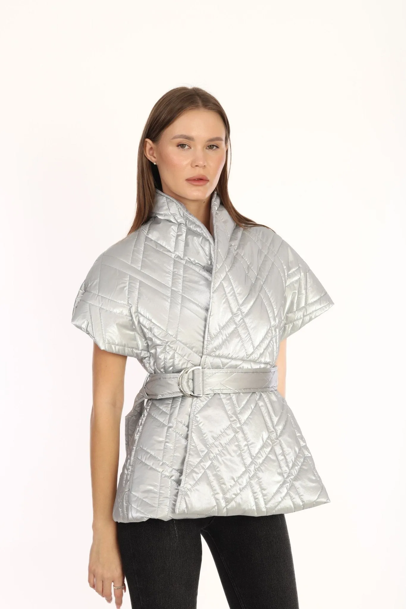 Silver Sleeveless Belted Vest